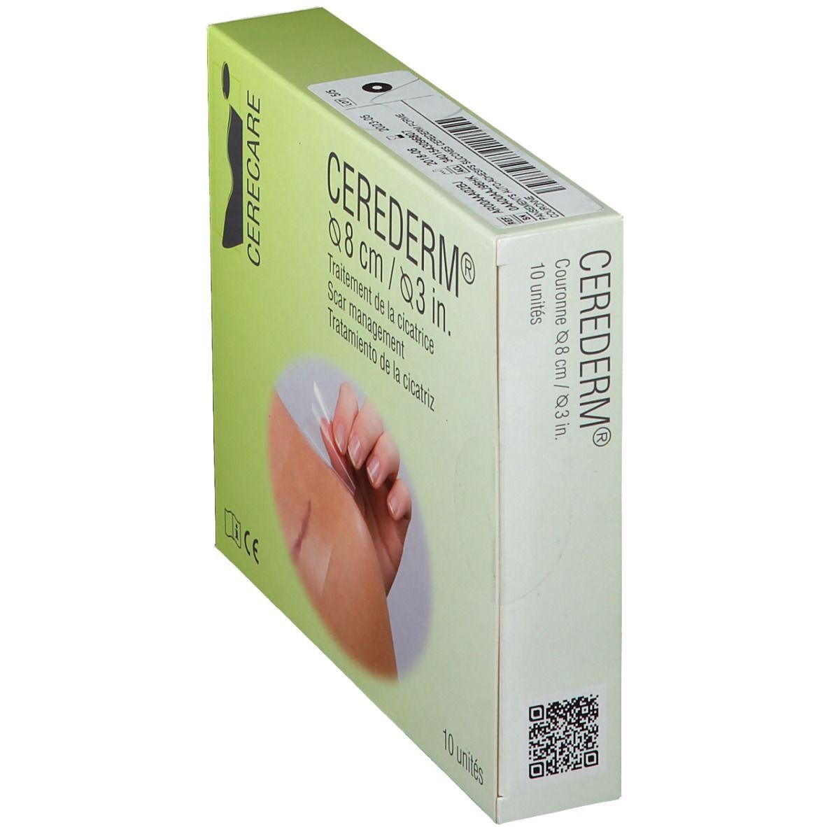Boîte CEREDERM® 8 cm. Inscription: Scar management. 10 unités. Code QR.