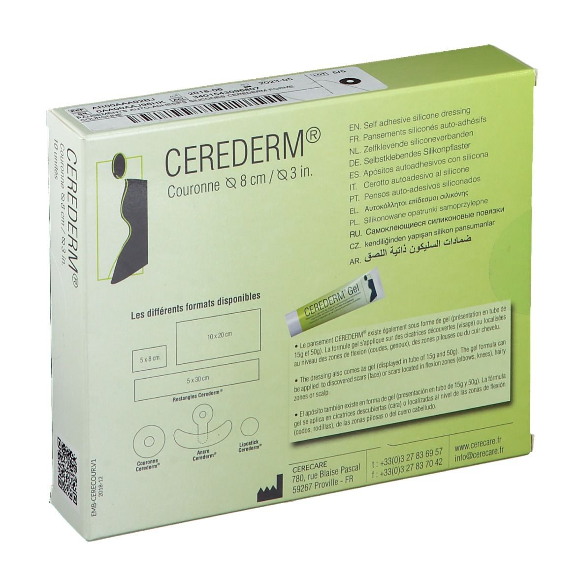Dos de la boîte avec informations produit. CEREDERM® 8 cm. Différents formats.