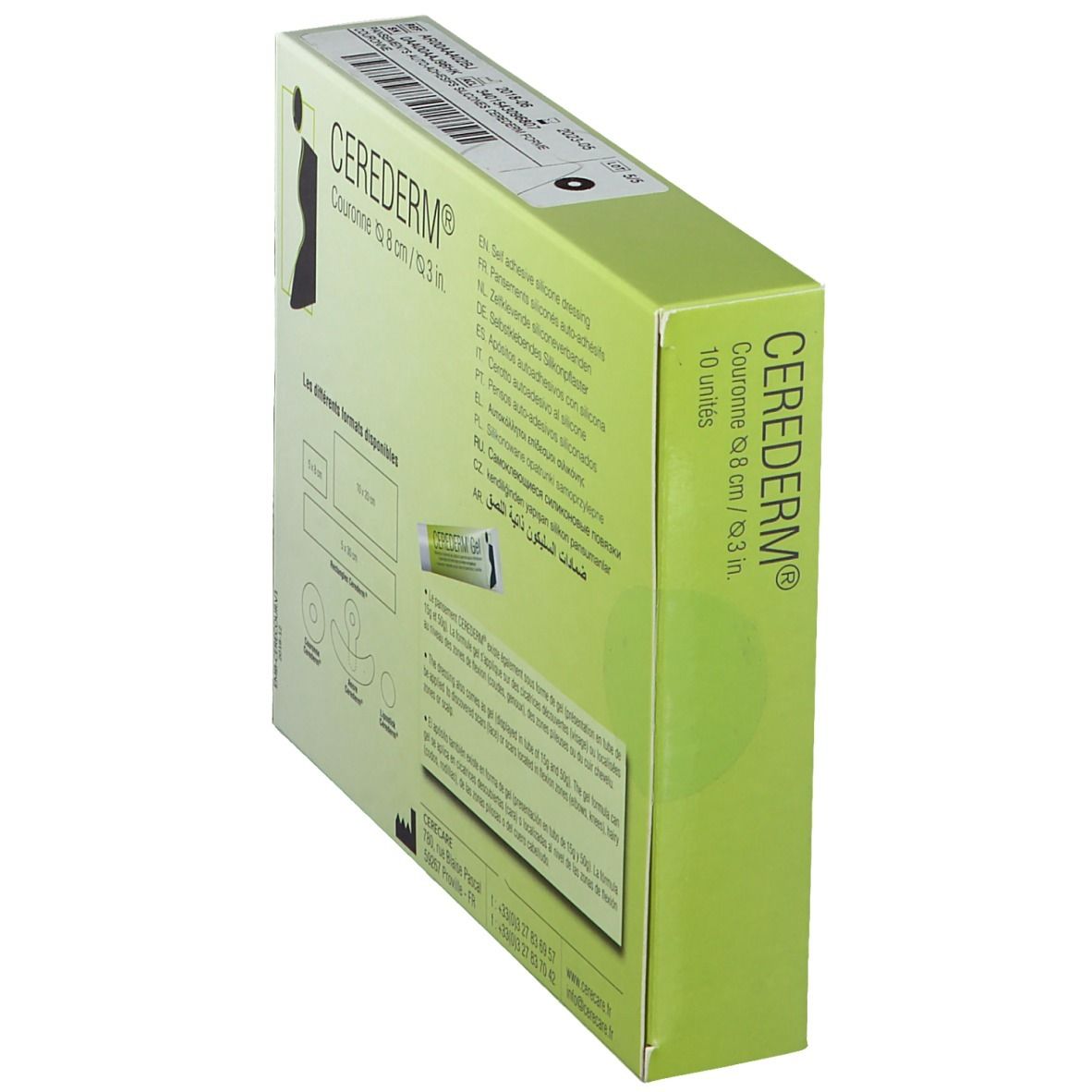 Boîte CEREDERM® 8 cm. Inscription: Scar management. 10 unités.