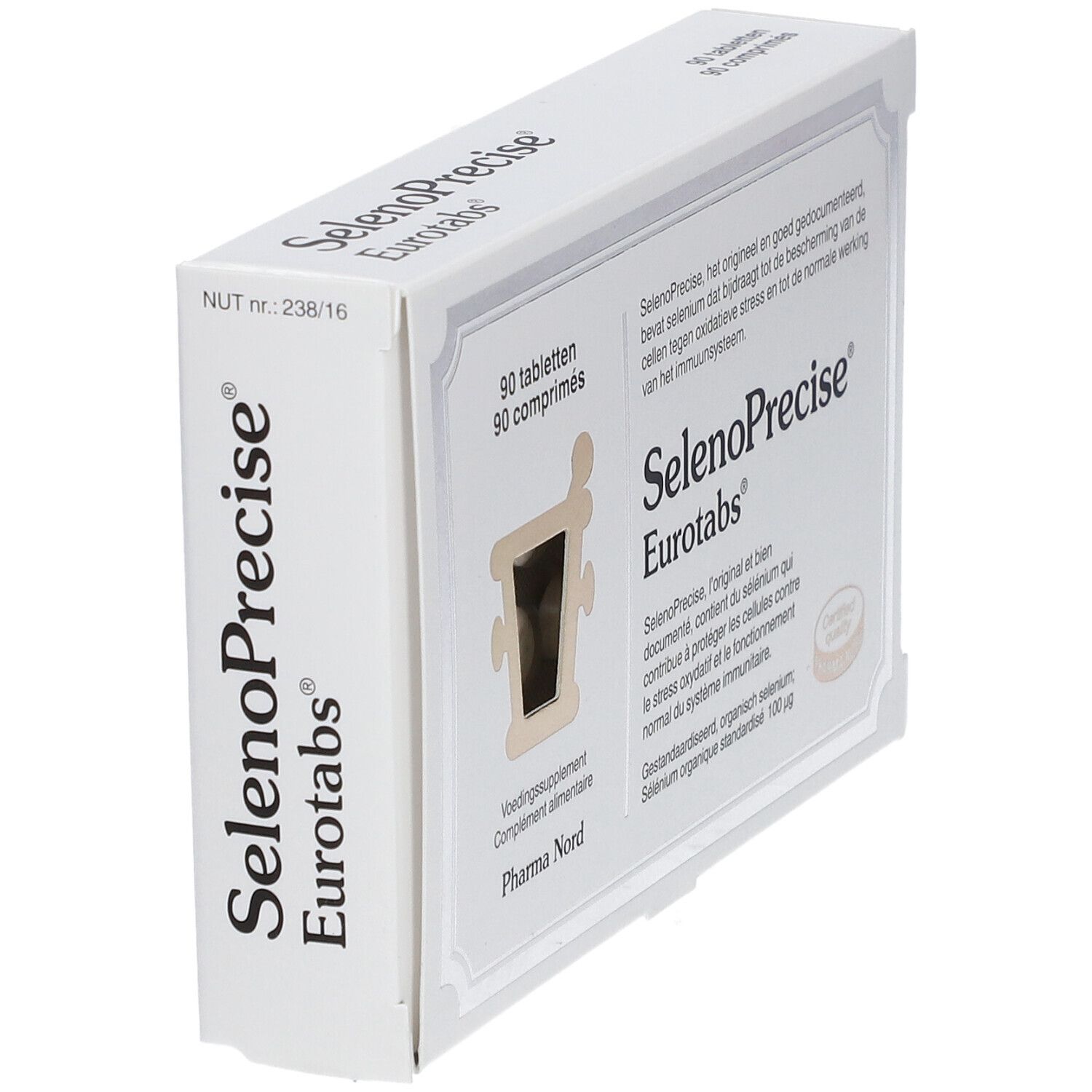 Boîte SelenoPrecise Eurotabs, blanche. 90 comprimés. Fenêtre. Logo Pharma Nord. Impression.