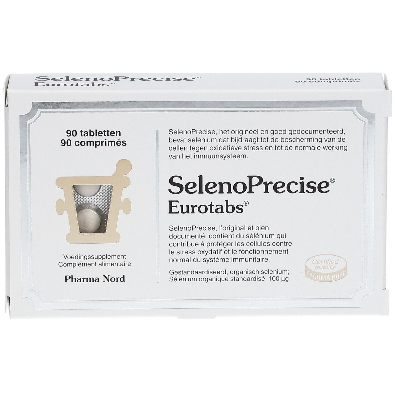 Boîte blanche SelenoPrecise Eurotabs. 90 comprimés. Logo Pharma Nord. Fenêtre avec comprimés visibles.