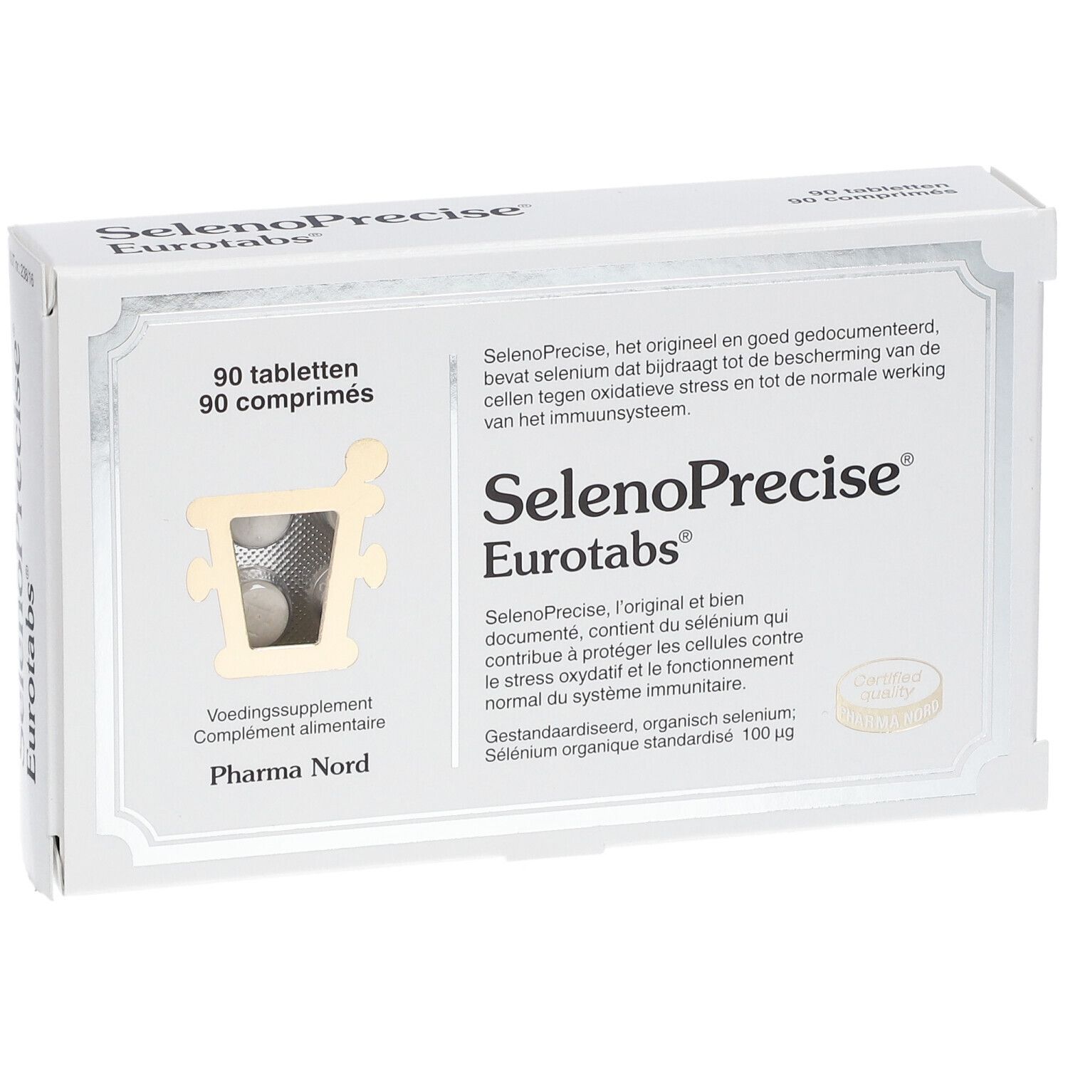 Boîte blanche SelenoPrecise Eurotabs. 90 comprimés. Logo Pharma Nord. Fenêtre avec comprimés visibles.