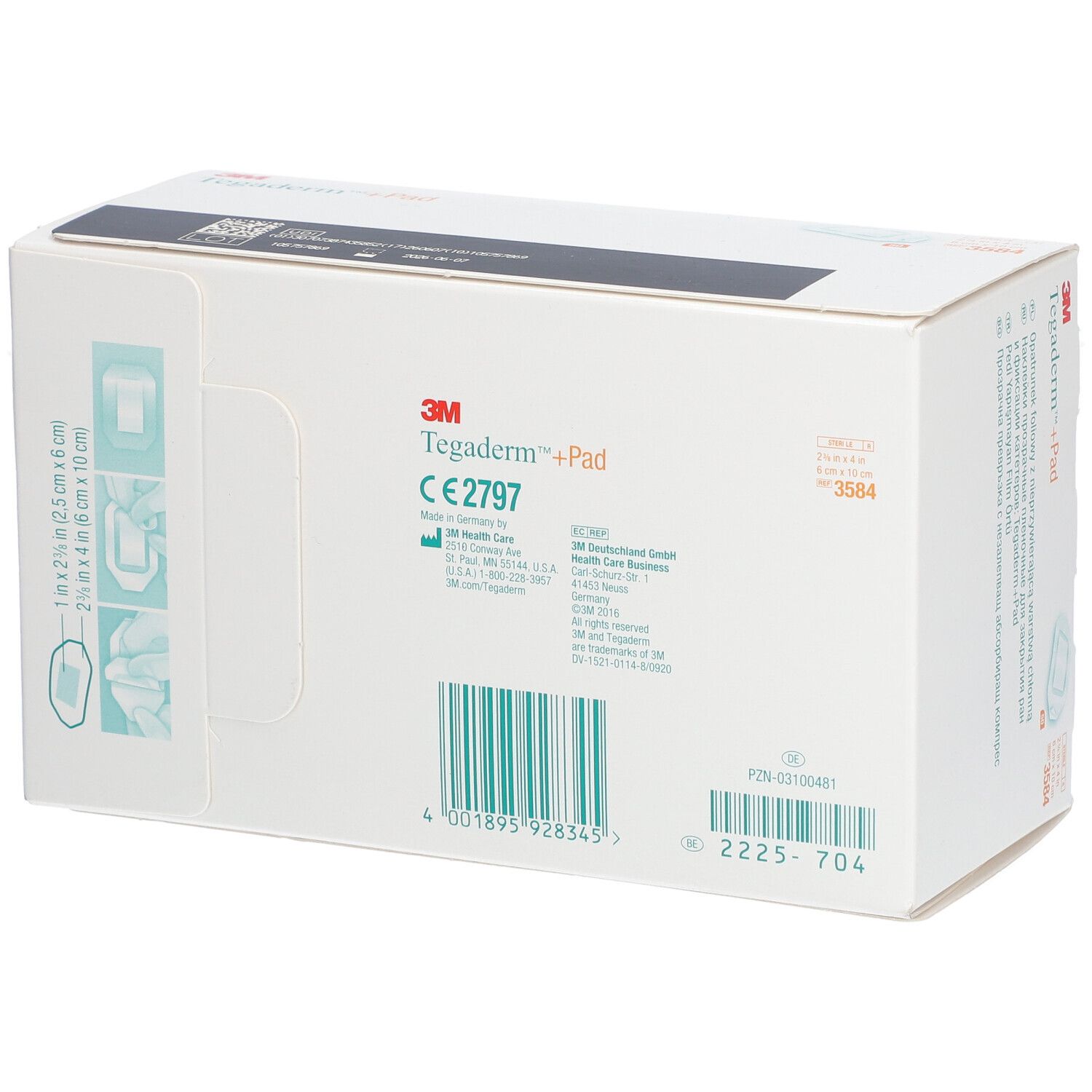 Boîte 3M Tegaderm + Pad. Arrière avec informations produit et marquage CE. Dimensions : 6 x 10 cm.