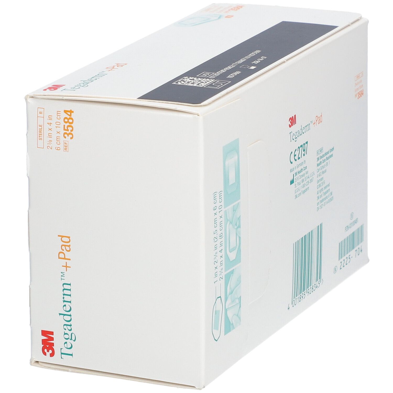 Boîte 3M Tegaderm + Pad. Vue en angle avec informations produit et marquage CE. Dimensions : 6 x 10 cm.