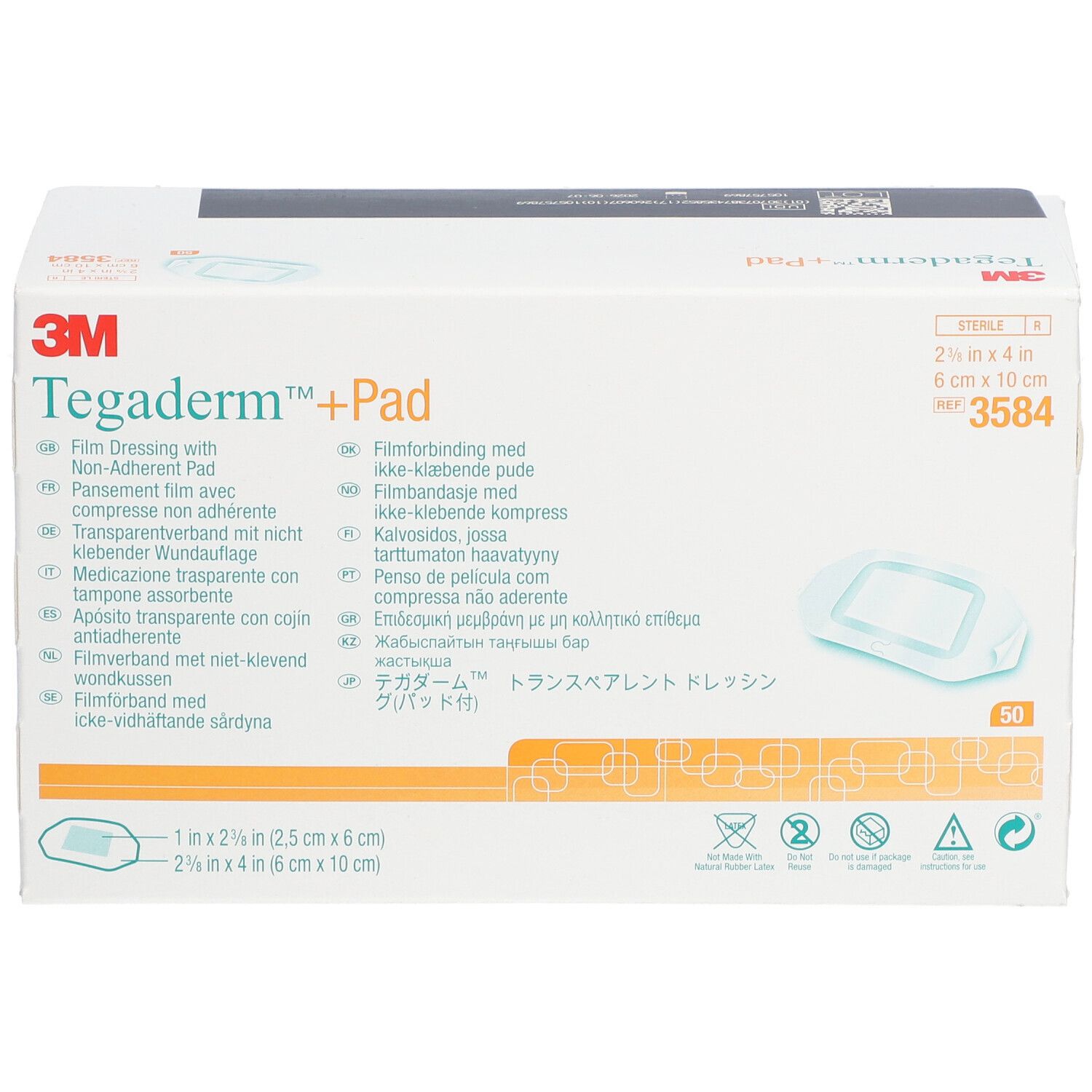 Boîte 3M Tegaderm + Pad. Pansement film avec compresse non adhérente. Dimensions : 6 x 10 cm. 50 unités.