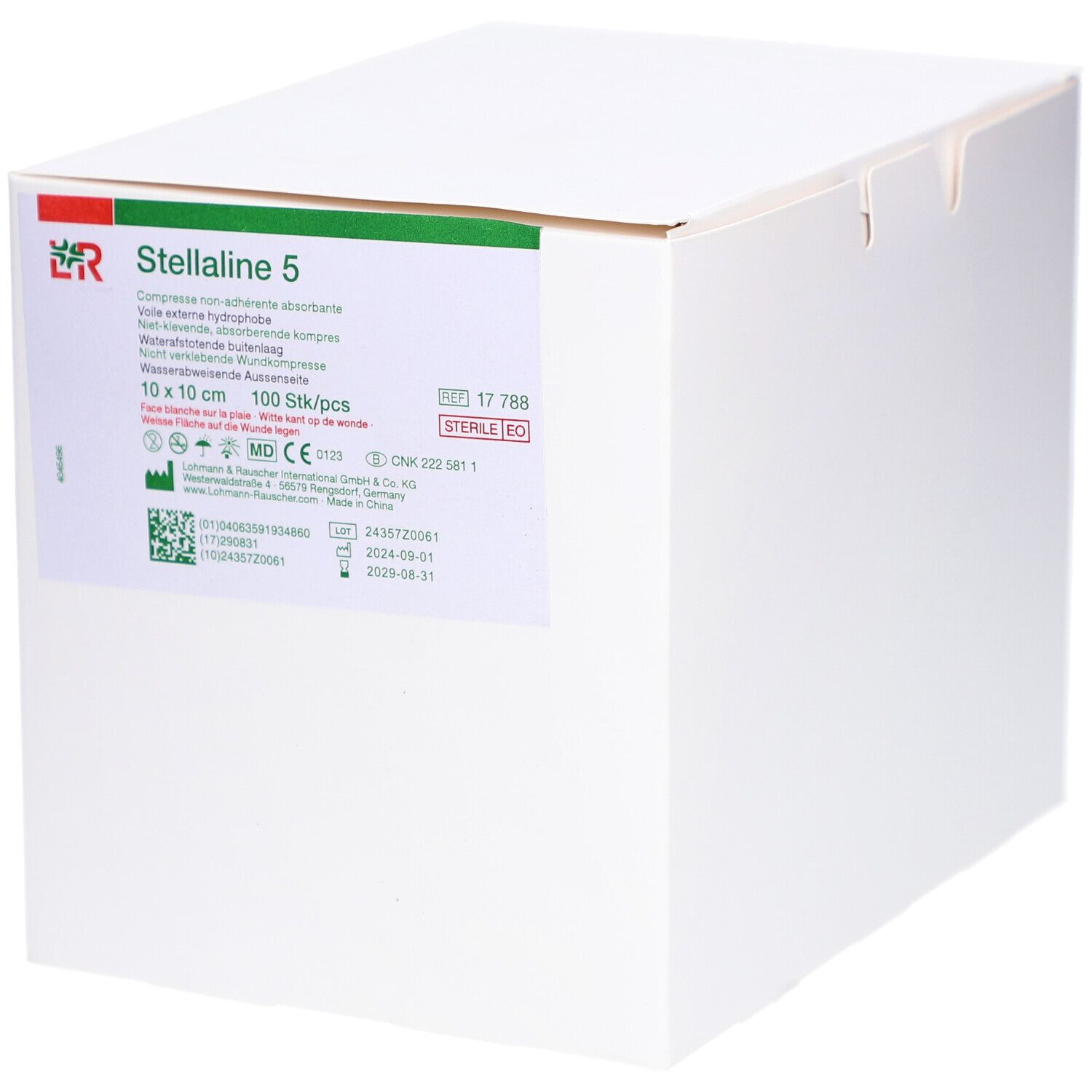Witte doos met opdruk. Opschrift: Stellaline 5, 10 x 10 cm, 100 st/pcs. Steriel. Logo LR. Houdbaarheidsdatum 2028-08-31.