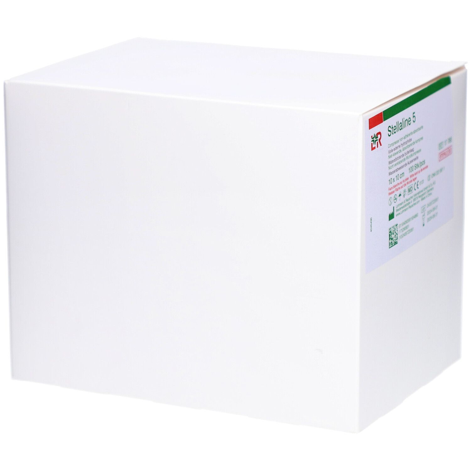 Witte doos met opdruk. Opschrift: Stellaline 5. Logo LR. Steriel. Sticker met productinformatie. Hoekweergave.