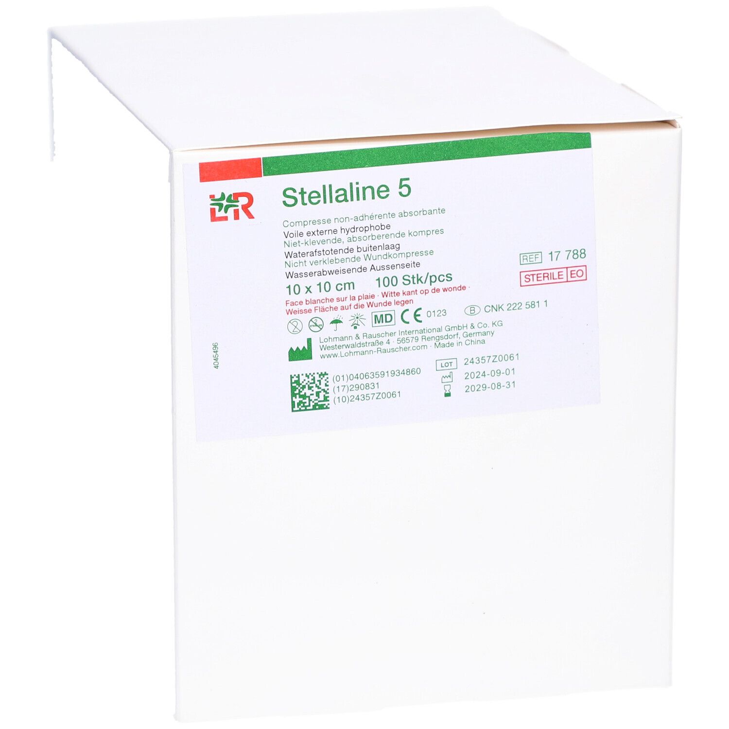 Witte doos met opdruk. Opschrift: Stellaline 5, 10 x 10 cm, 100 st/pcs. Steriel. Logo LR. Houdbaarheidsdatum 2028-08-31.