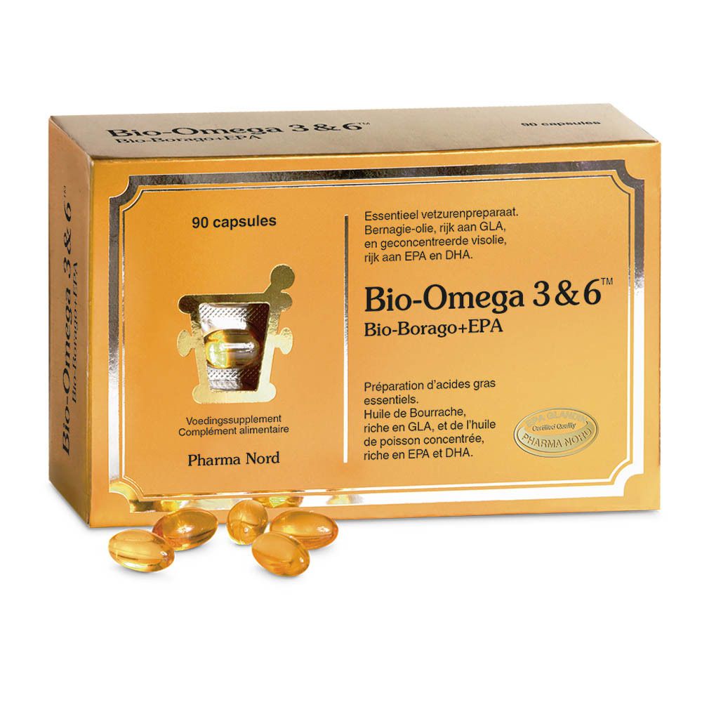 Boîte dorée "Bio-Omega 3&6" et "Bio-Borago+EPA". 90 capsules. Fenêtre avec capsules.