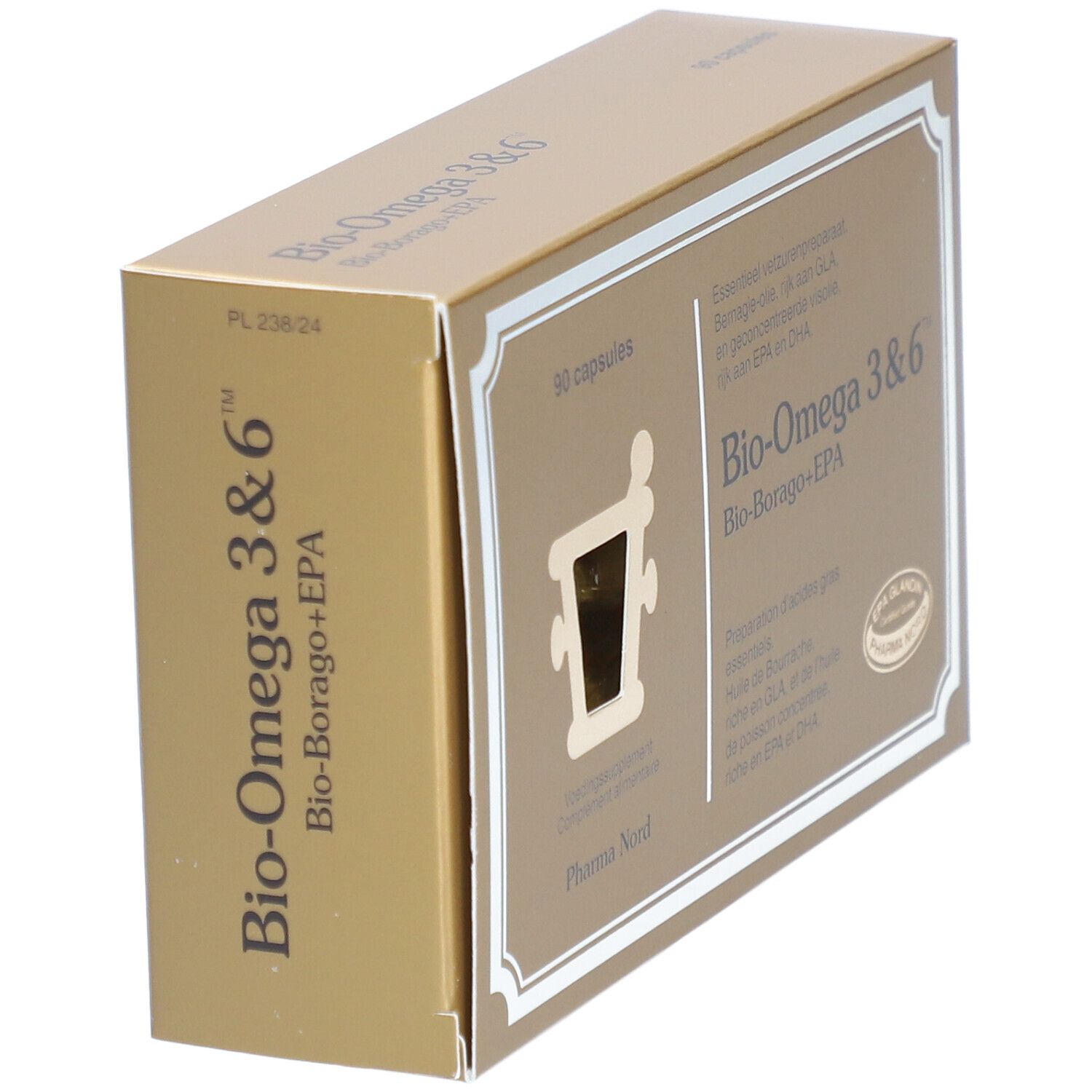 Boîte dorée "Bio-Omega 3&6" et "Bio-Borago+EPA". 30 capsules. Logo Pharma Nord. Fenêtre visible.
