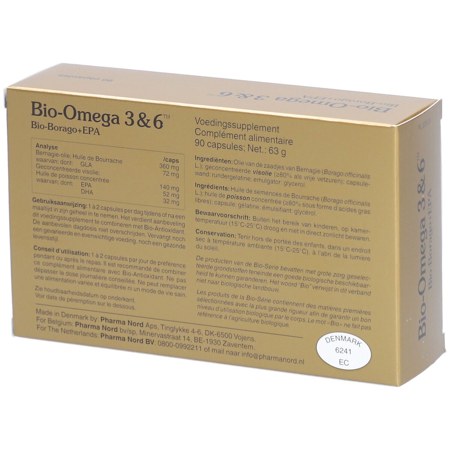 Boîte dorée "Bio-Omega 3&6" et "Bio-Borago+EPA". 90 capsules. Texte au dos. Pharma Nord.