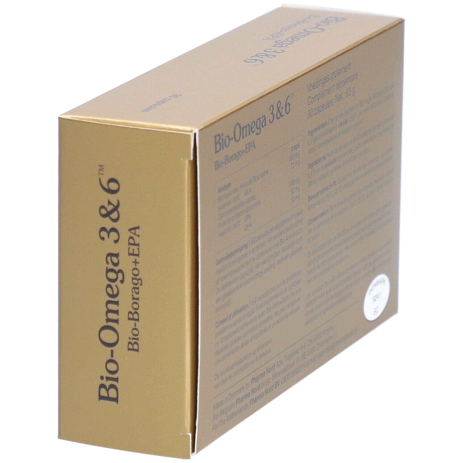 Boîte dorée "Bio-Omega 3&6" et "Bio-Borago+EPA". Texte au dos. Pharma Nord.