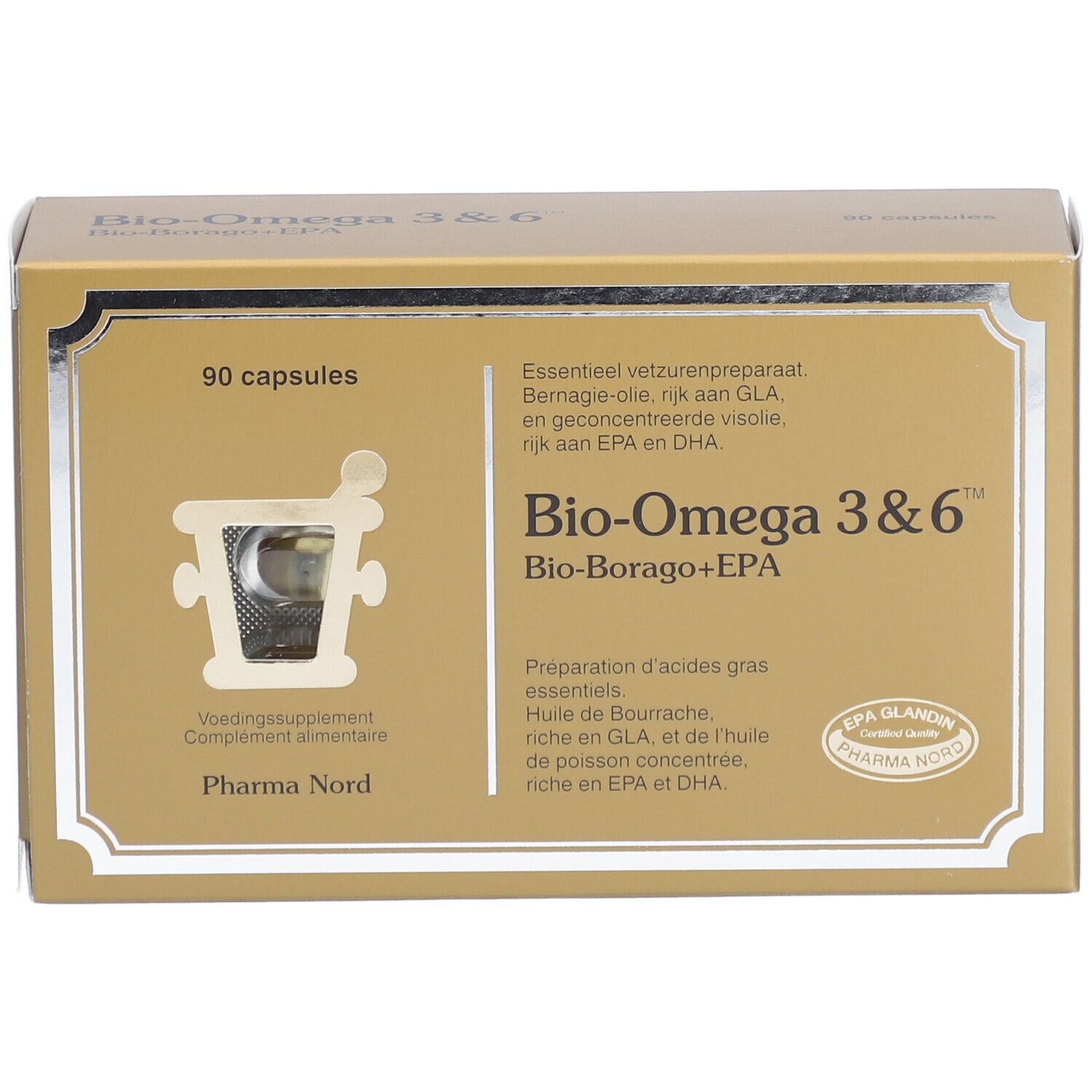 Boîte dorée "Bio-Omega 3&6" et "Bio-Borago+EPA". 90 capsules. Fenêtre visible. Pharma Nord.