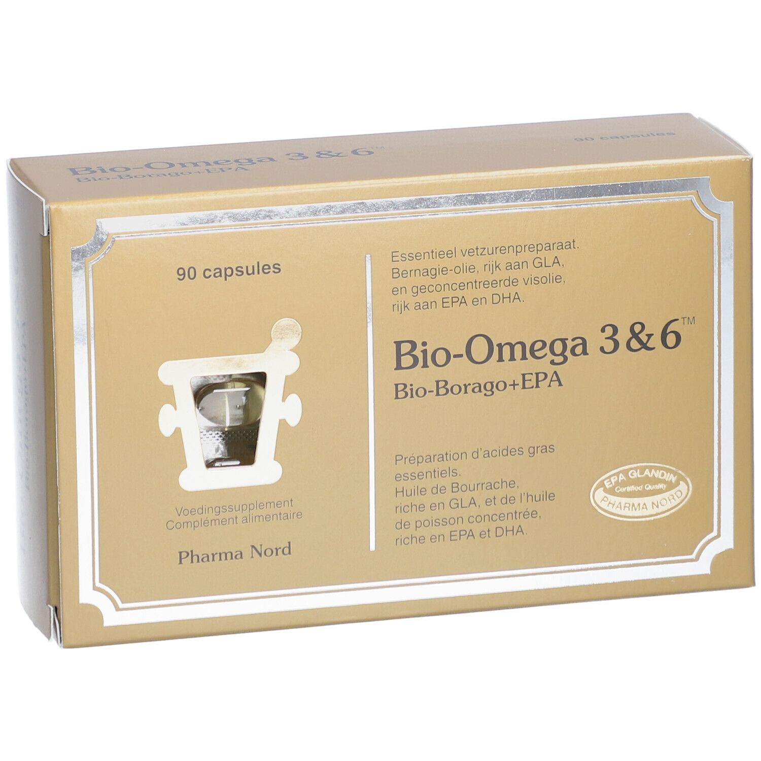 Boîte dorée "Bio-Omega 3&6" et "Bio-Borago+EPA". 90 capsules. Fenêtre visible. Pharma Nord.