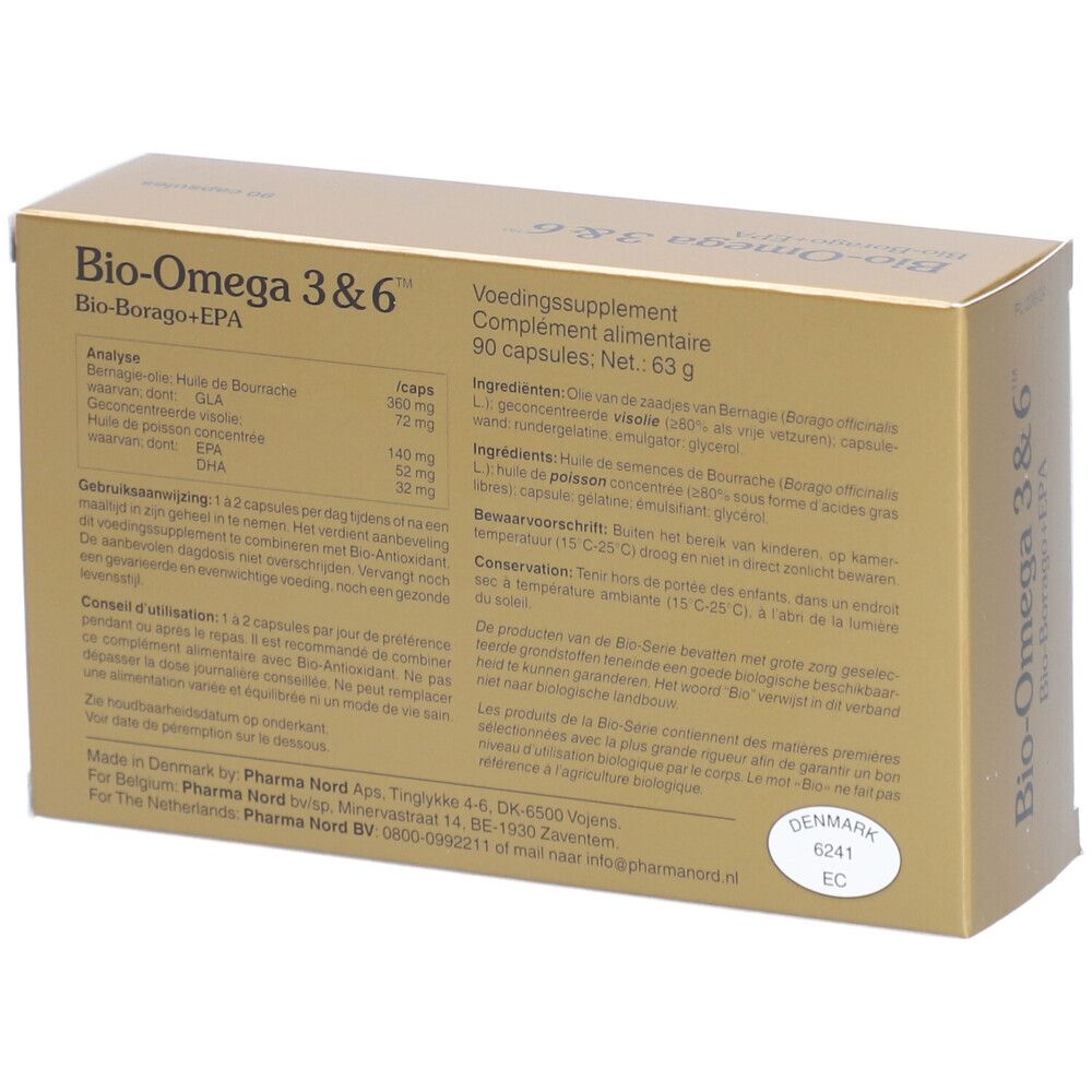 Boîte dorée "Bio-Omega 3&6" et "Bio-Borago+EPA". Texte au dos. Pharma Nord.