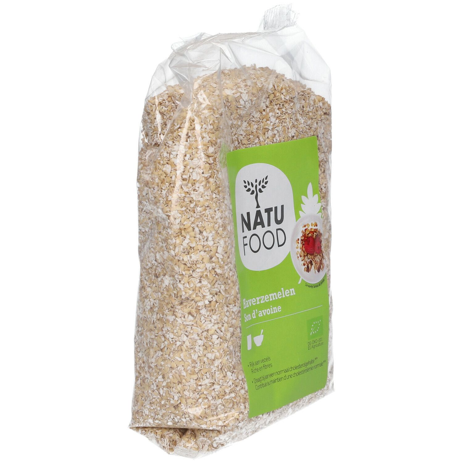 Sachet transparent de flocons d'avoine, légèrement en biais. Étiquette verte avec logo et texte 'NATU FOOD Haferzemelen Son d'avoine'.