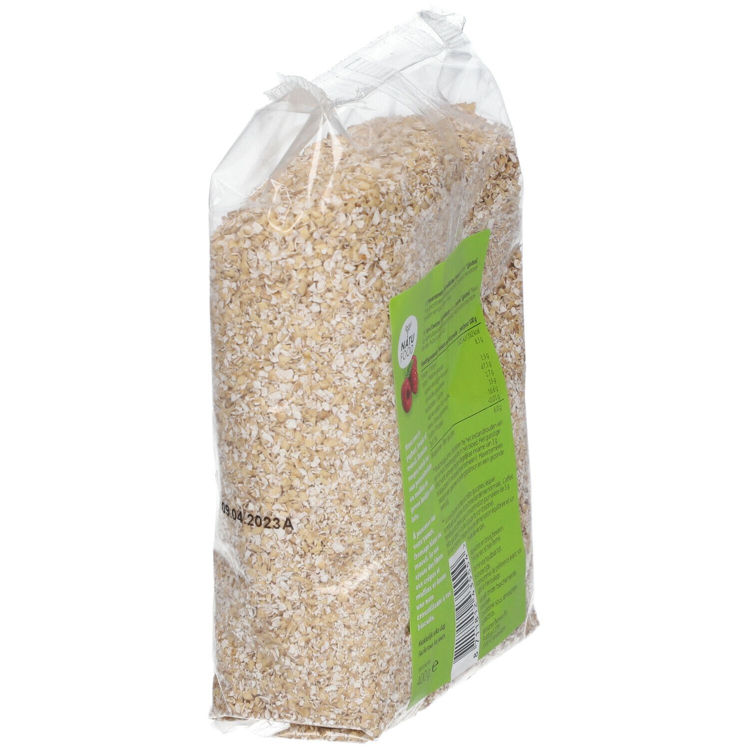 Sachet transparent de flocons d'avoine en biais. Étiquette verte avec texte et date. Dos visible.