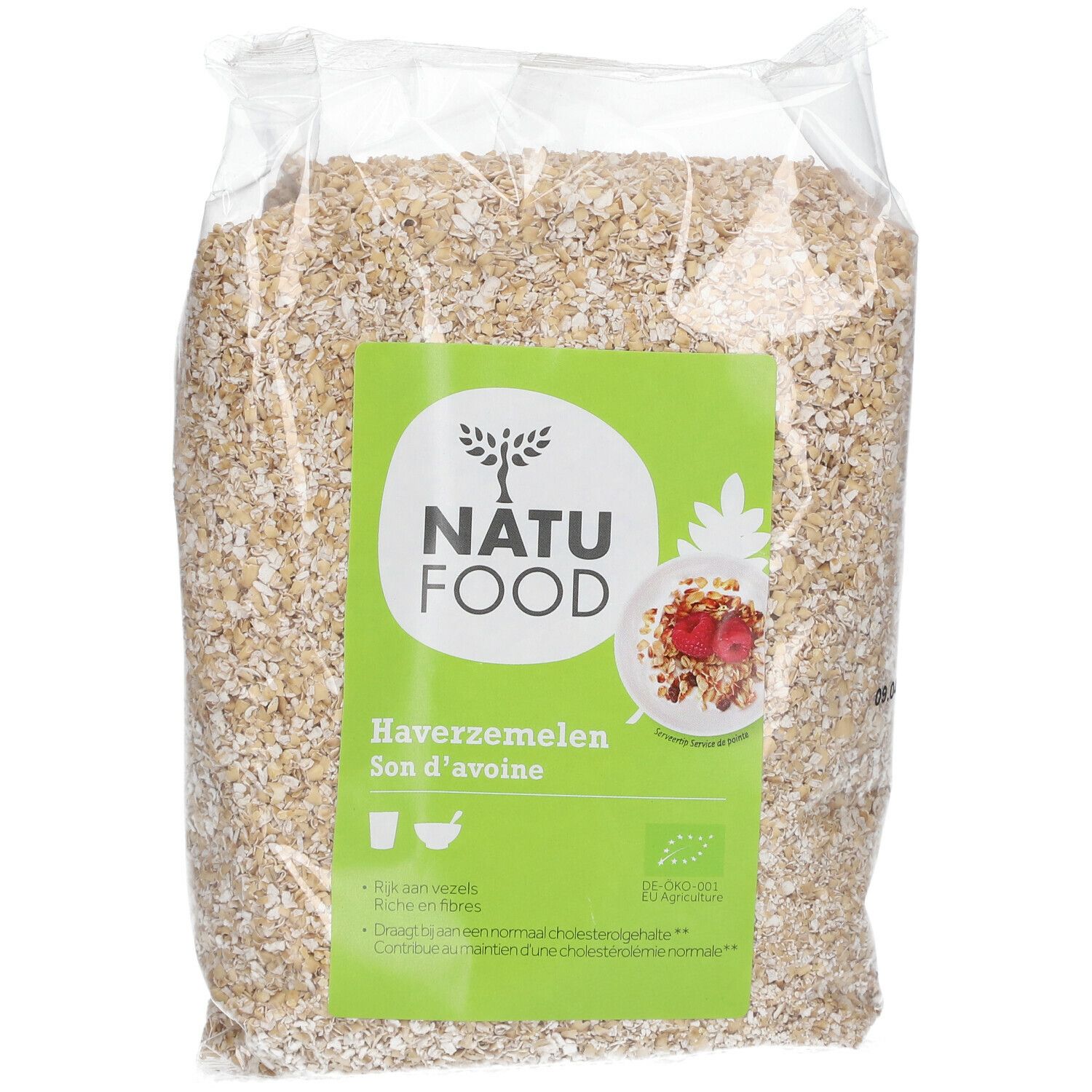 Sachet transparent de flocons d'avoine. Étiquette verte avec logo et texte 'NATU FOOD Haferzemelen Son d'avoine'.