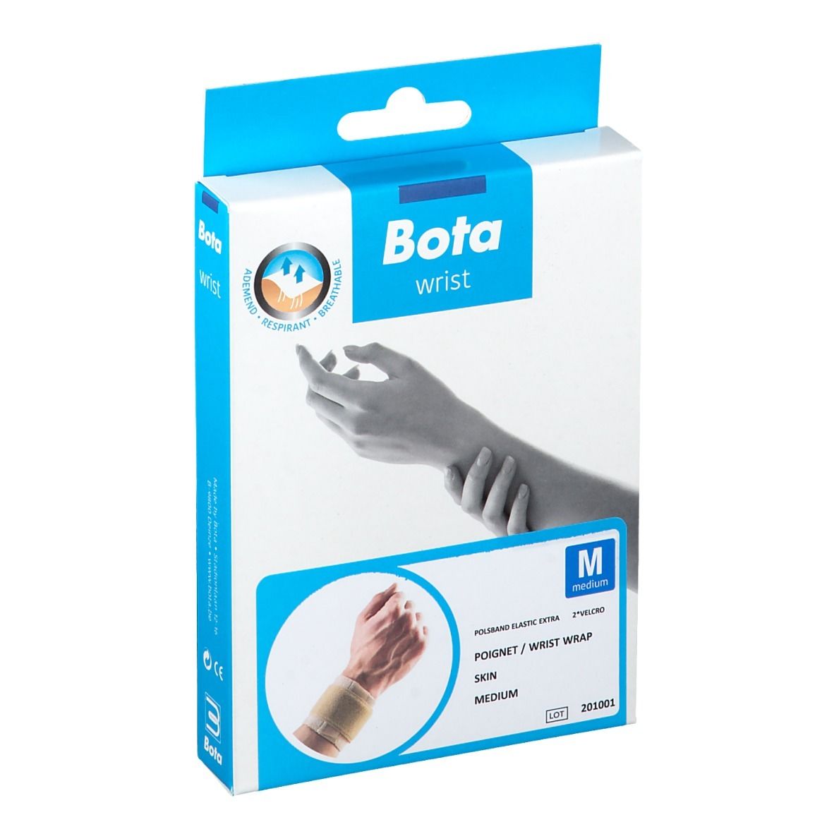 BOTA Handgelenksbandage Gr. M in verpakking. Witblauwe doos met productafbeelding en logo. Maat M.