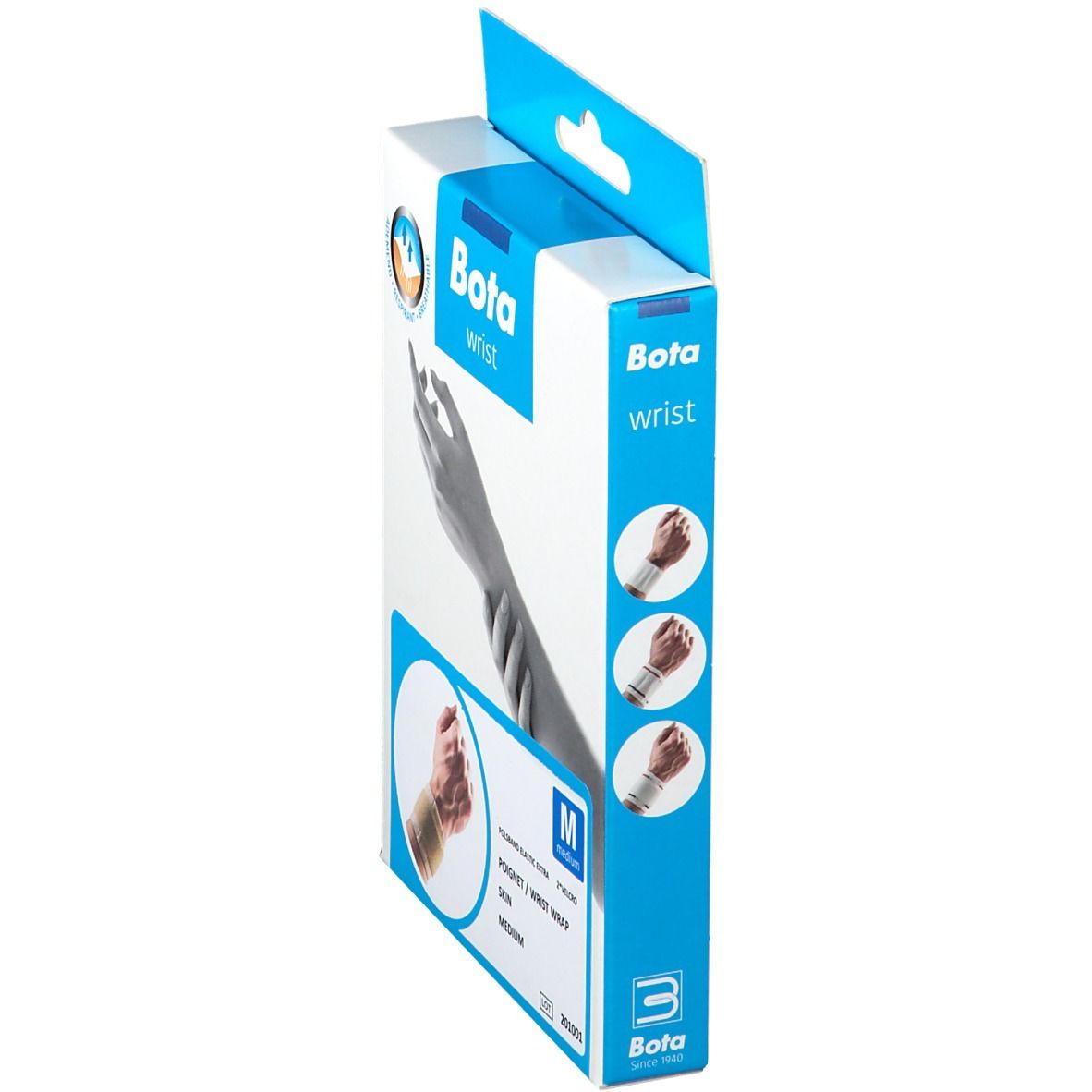 BOTA Handgelenksbandage Gr. M verpakking. Zijaanzicht van de doos met productafbeeldingen en logo. Maat M.
