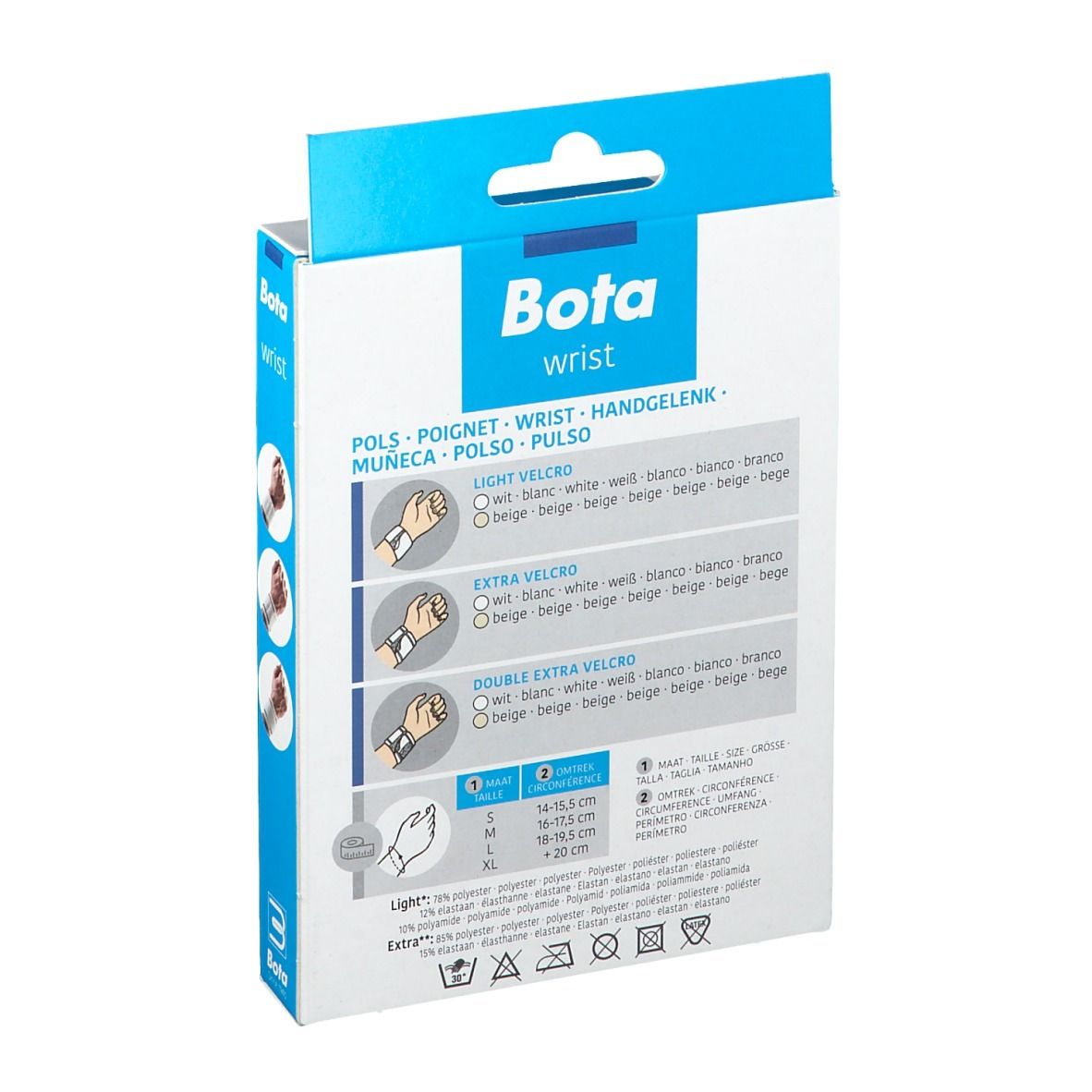 Achterkant van de BOTA Handgelenksbandage Gr. M verpakking. Productinformatie, maten en logo.