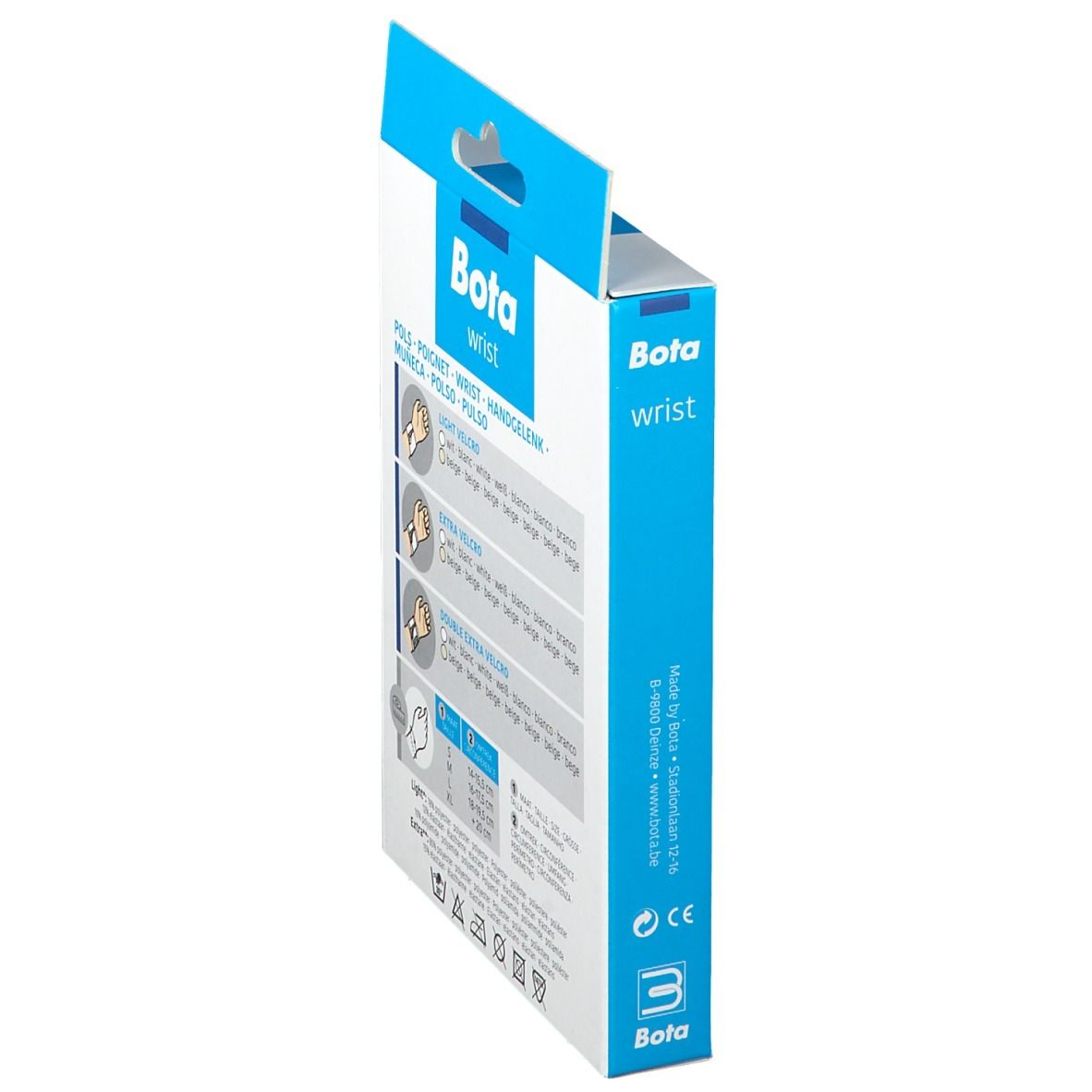 Zijaanzicht van de BOTA Handgelenksbandage Gr. M verpakking. Productafbeeldingen, maten en logo.