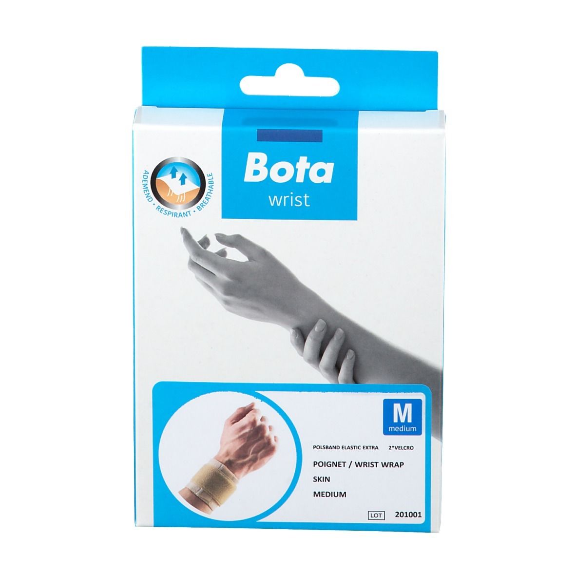 BOTA Handgelenksbandage Gr. M in verpakking. Witblauwe doos met productafbeelding en logo. Maat M.