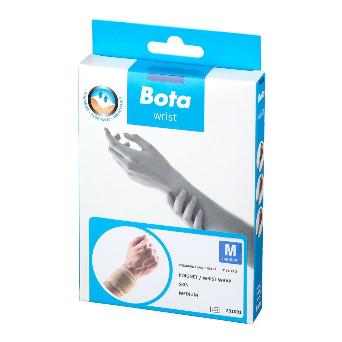 BOTA Handgelenksbandage Gr. M in verpakking. Witblauwe doos met productafbeelding en logo. Maat M.