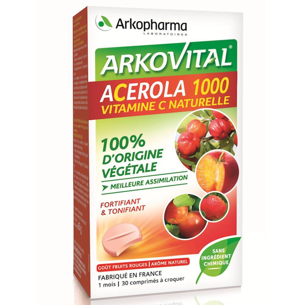 Verpakking ARKOVITAL® Acerola 1000. 30 kauwtabletten. Natuurlijke vitamine C. Vervaardigd in Frankrijk.