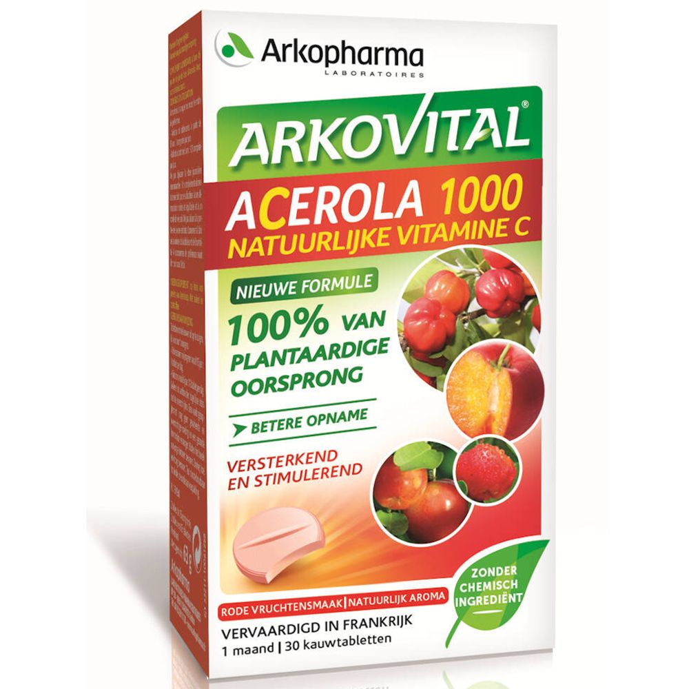 Verpakking ARKOVITAL® Acerola 1000. 30 kauwtabletten. Natuurlijke vitamine C. Vervaardigd in Frankrijk.