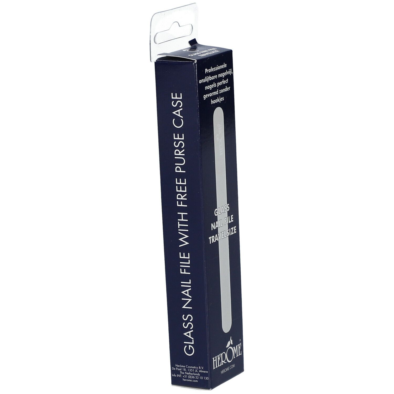 Schachtel mit Glas-Nagelfeile. Text: Glass Nail File, Travelsize. Marke: HEROME.