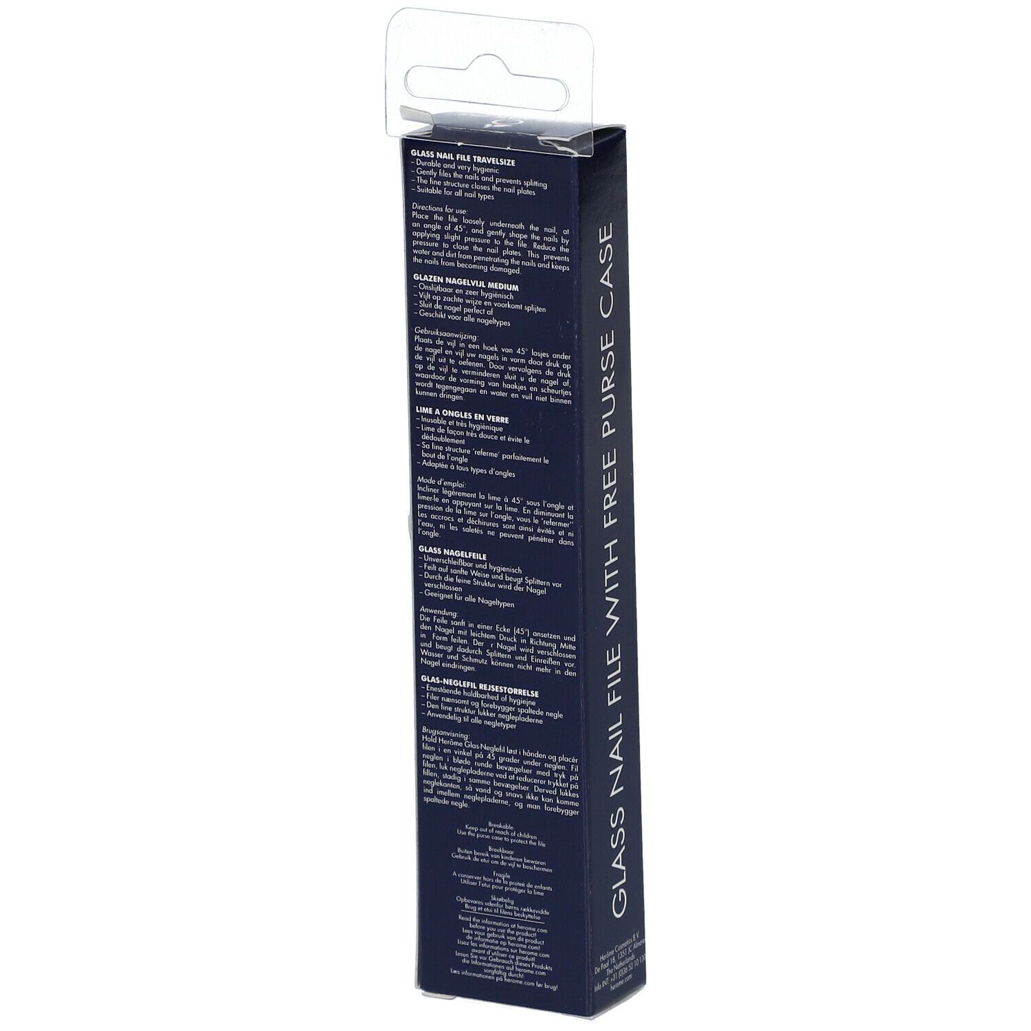 Schachtel mit Glas-Nagelfeile. Rückseite mit Text. Text: Glass Nail File with Free Purse Case.