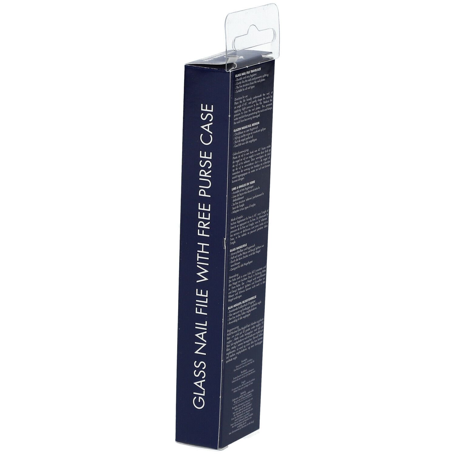 Schachtel mit Glas-Nagelfeile. Text: Glass Nail File with Free Purse Case. Marke: HEROME.