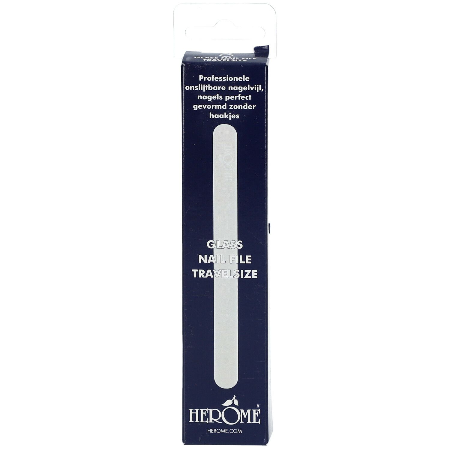 Schachtel mit Glas-Nagelfeile. Text: Glass Nail File, Travelsize. Marke: HEROME.
