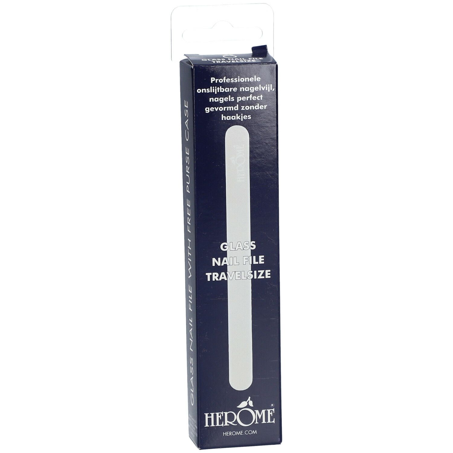 Schachtel mit Glas-Nagelfeile. Text: Glass Nail File, Travelsize. Marke: HEROME.