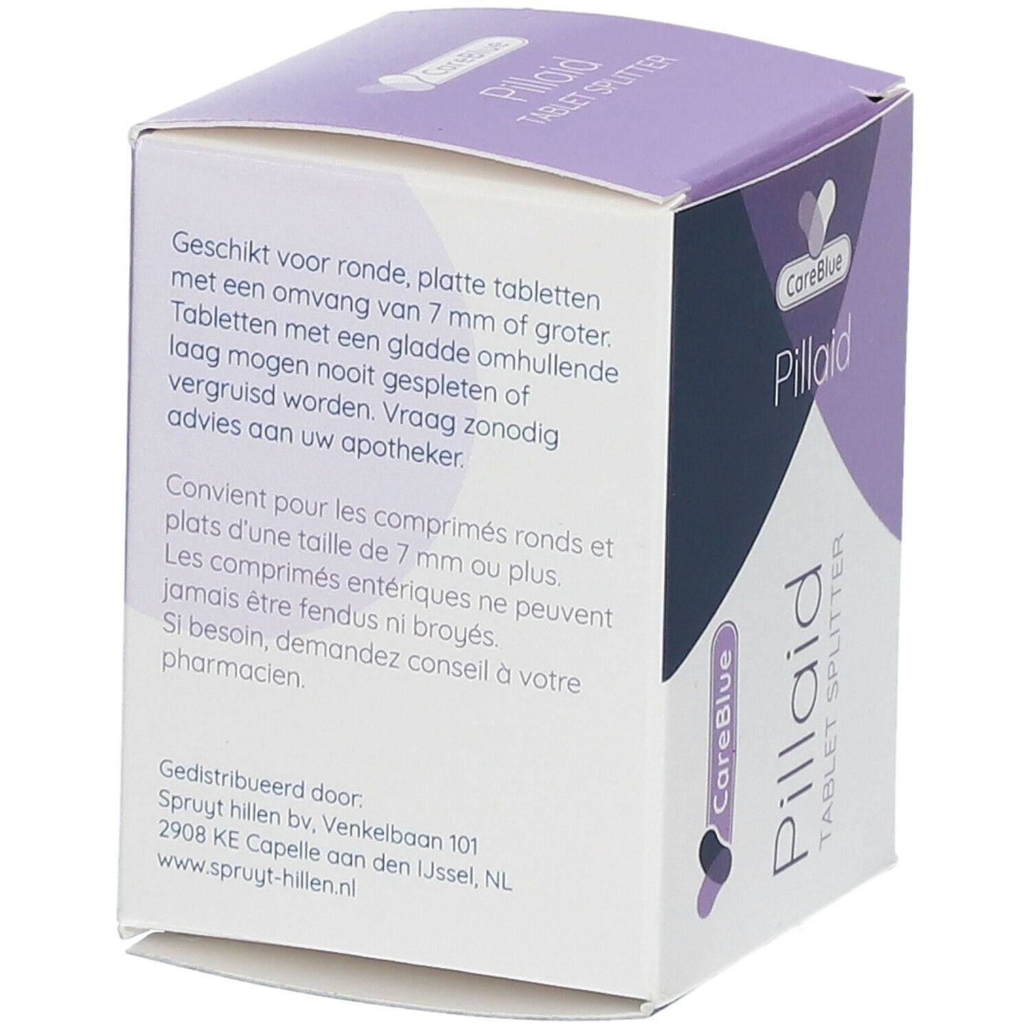 Achterkant van de Pill-Aid verpakking. Tekst in het Nederlands en Frans. CareBlue logo en Pill-Aid.