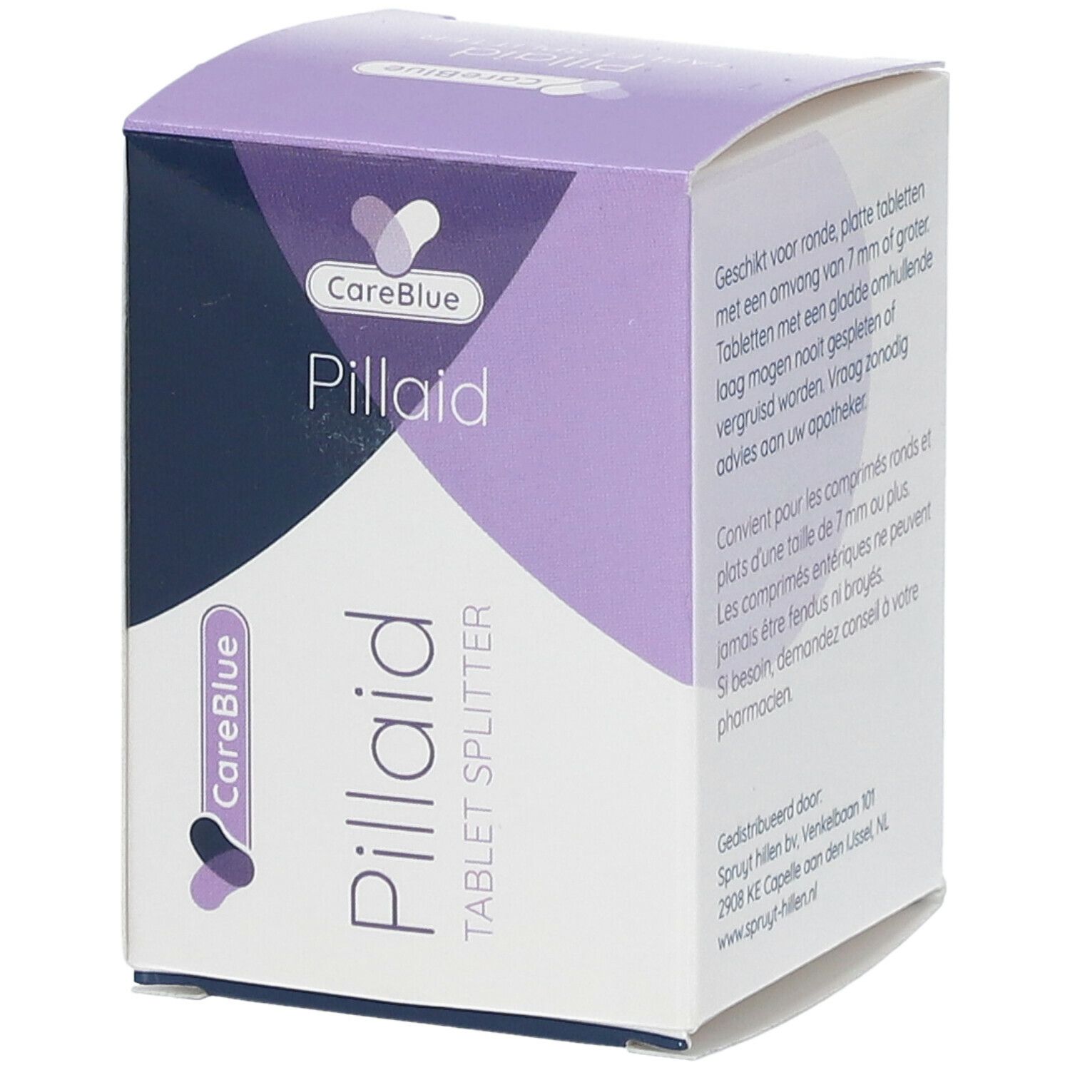 Pill-Aid verpakking. CareBlue logo en Pill-Aid. Tekst in het Nederlands en Frans.