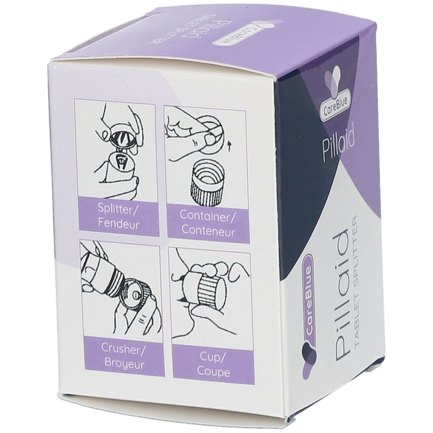 Pill-Aid verpakking. CareBlue logo en Pill-Aid. Illustraties van de functies.