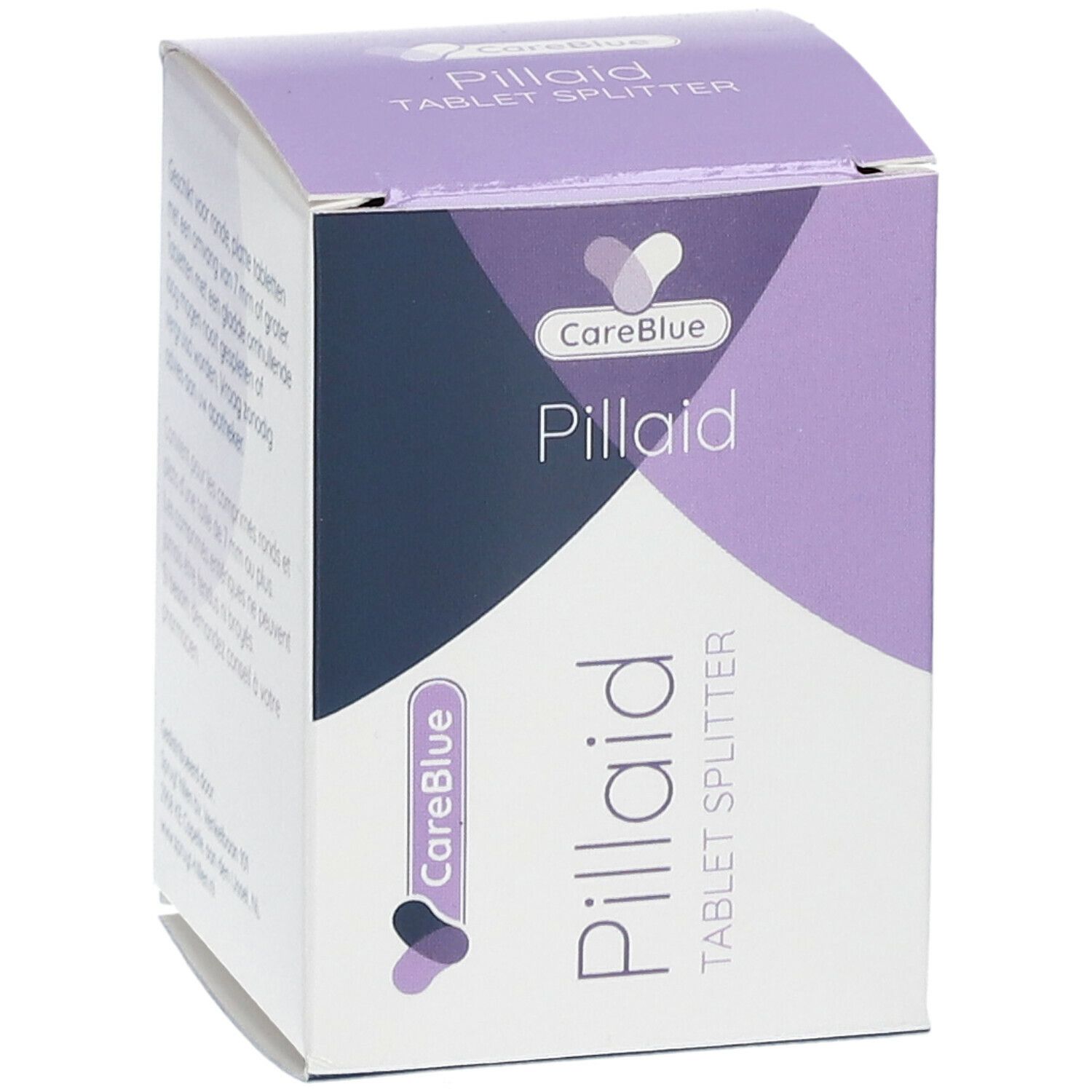 Pill-Aid verpakking. CareBlue logo en Pill-Aid. Tablet Splitter.