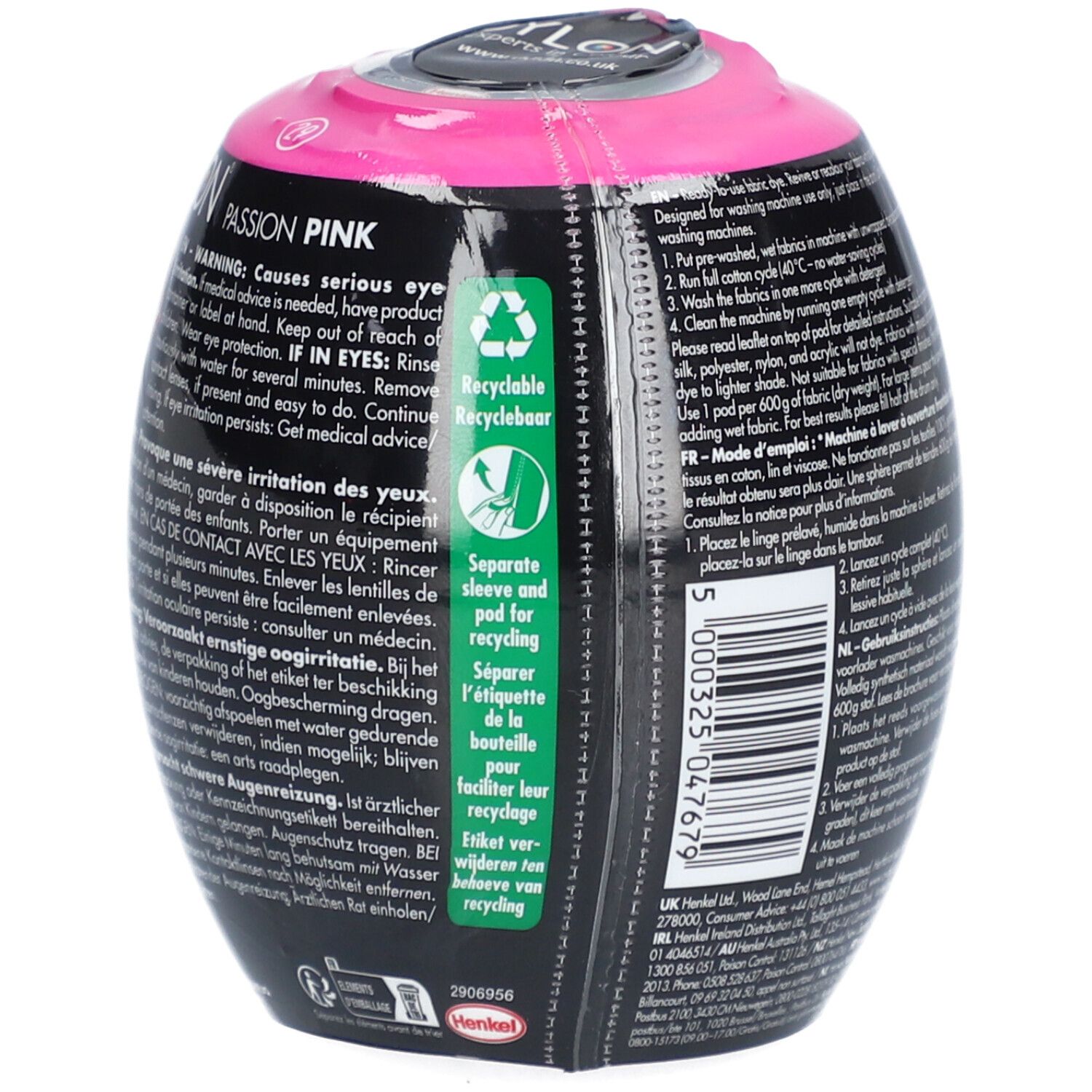 Colorant Dylon. Verso de l'emballage avec texte et symbole de recyclage. Contient des avertissements et un code-barres.