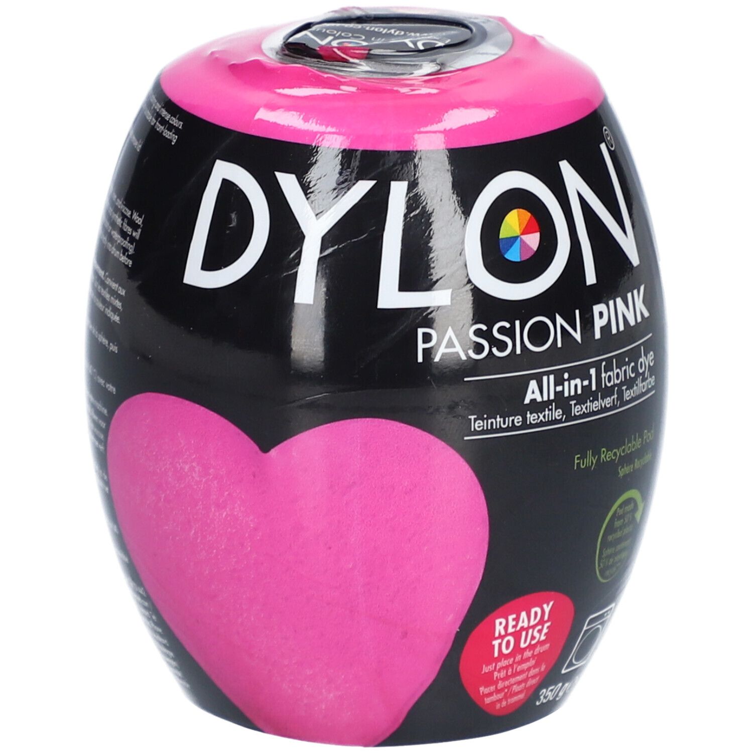 Colorant Dylon. Emballage noir avec cœur rose et texte. Contient "Passion Pink" et "All-in-1 fabric dye".