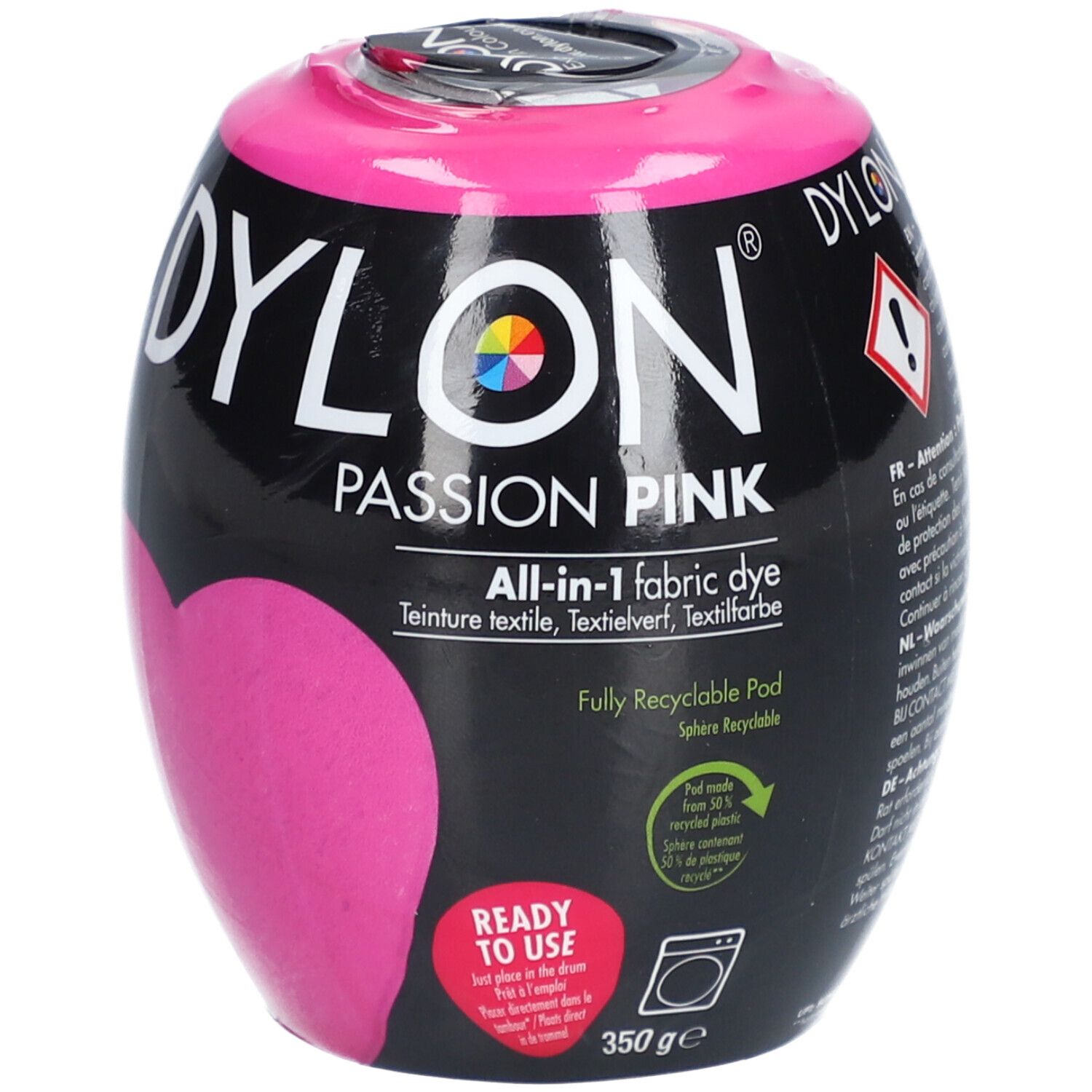 Colorant Dylon. Emballage noir avec cœur rose et texte. Contient "Passion Pink" et "All-in-1 fabric dye".