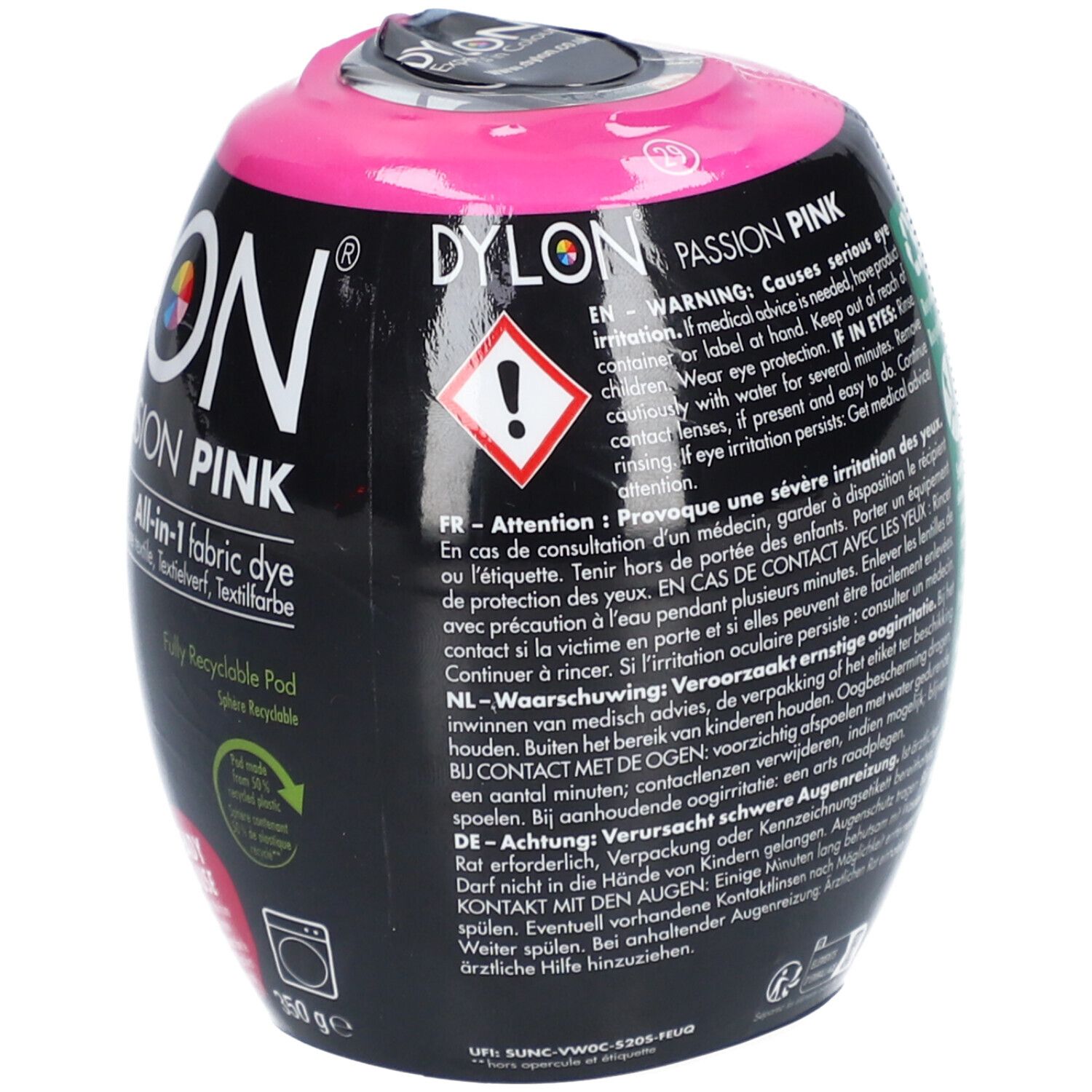 Colorant Dylon. Emballage avec avertissements et texte. Contient "Passion Pink" et "All-in-1 fabric dye".