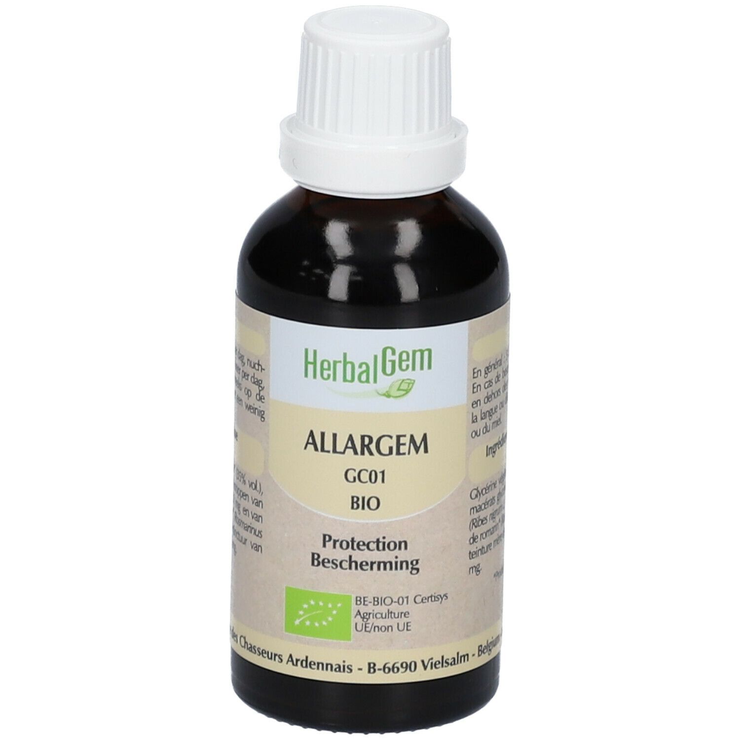 Flacon brun avec bouchon blanc. Étiquette "HerbalGem Allargem BIO".