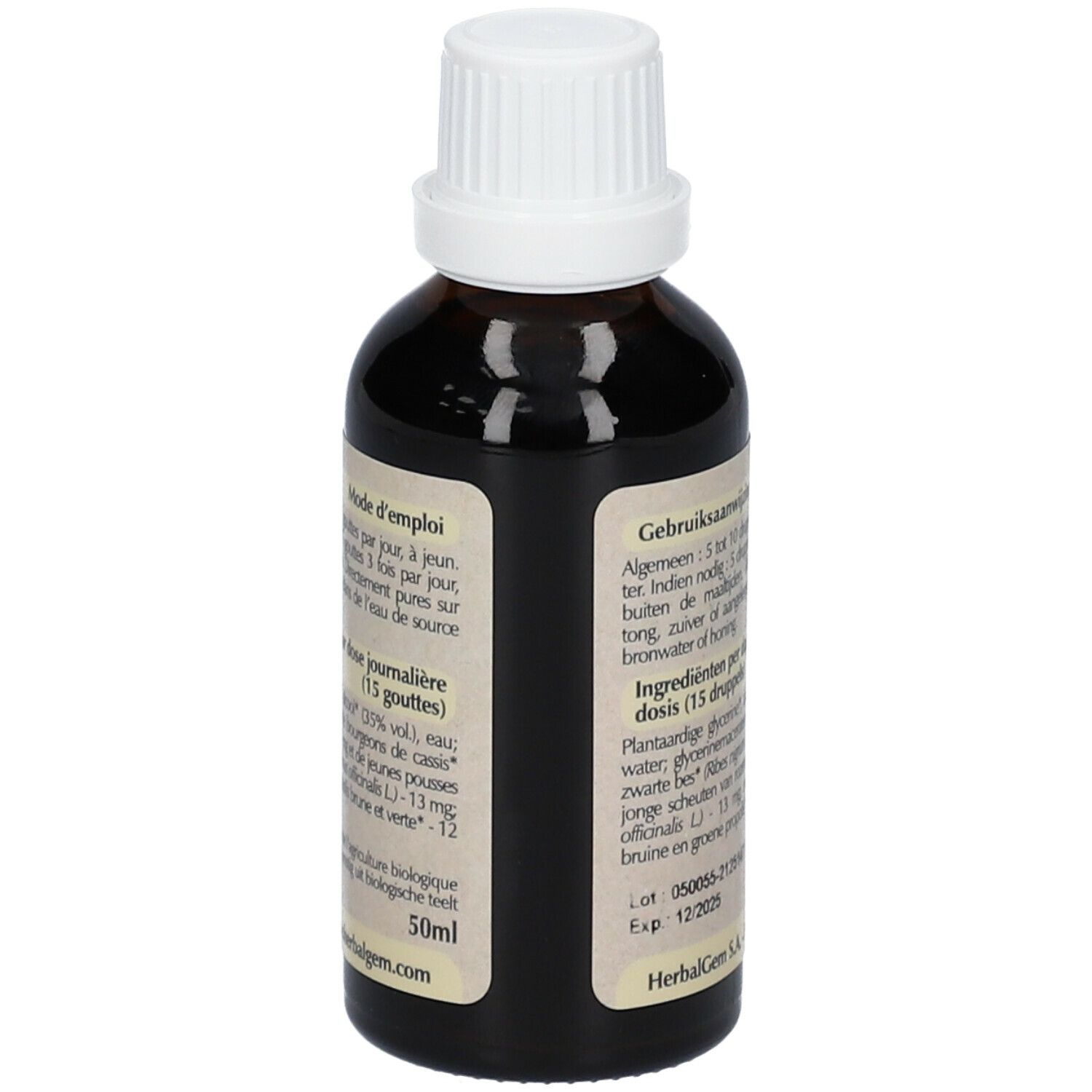 Flacon brun avec bouchon blanc. Étiquette avec texte et 50ml.