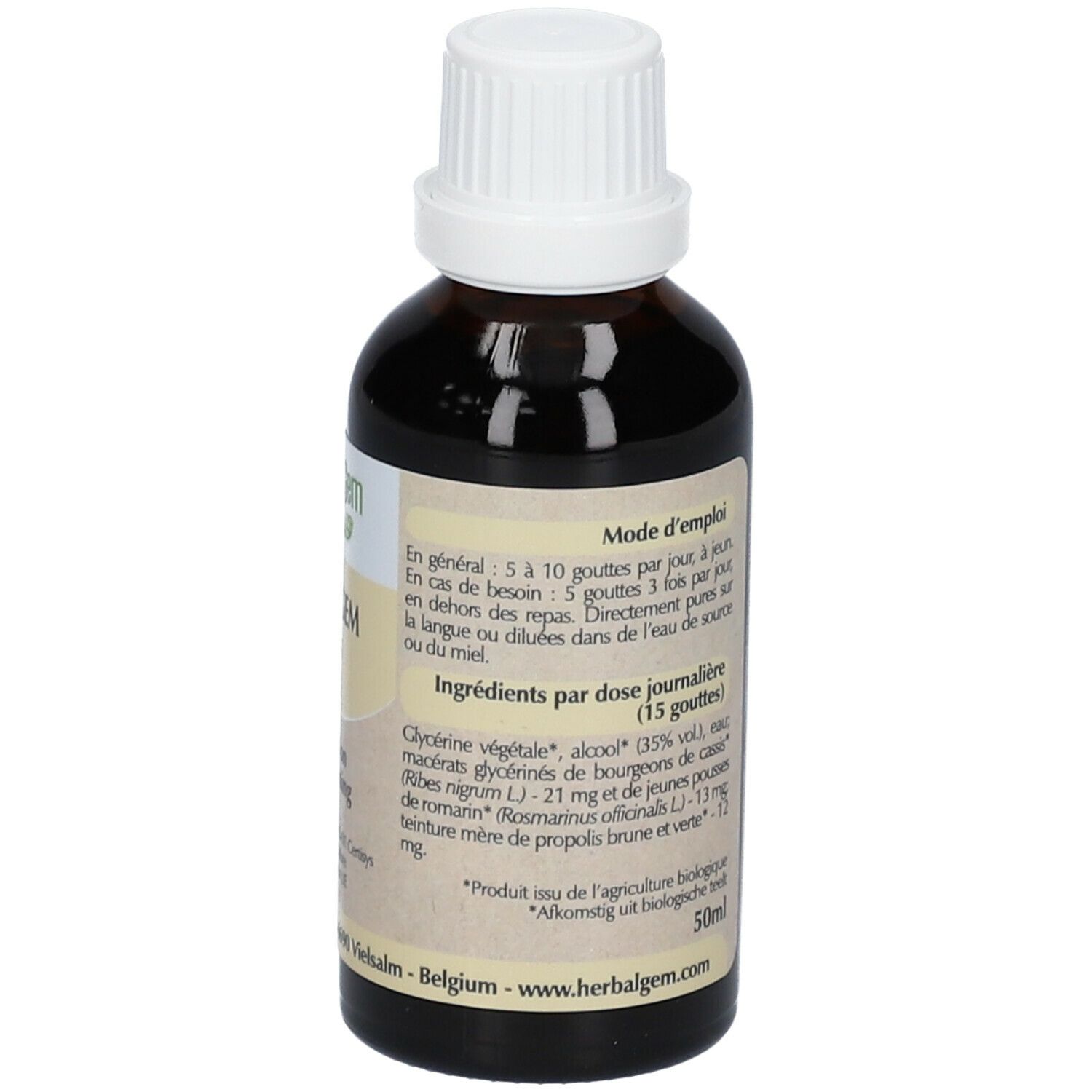 Flacon brun avec bouchon blanc. Étiquette avec texte et 50ml.
