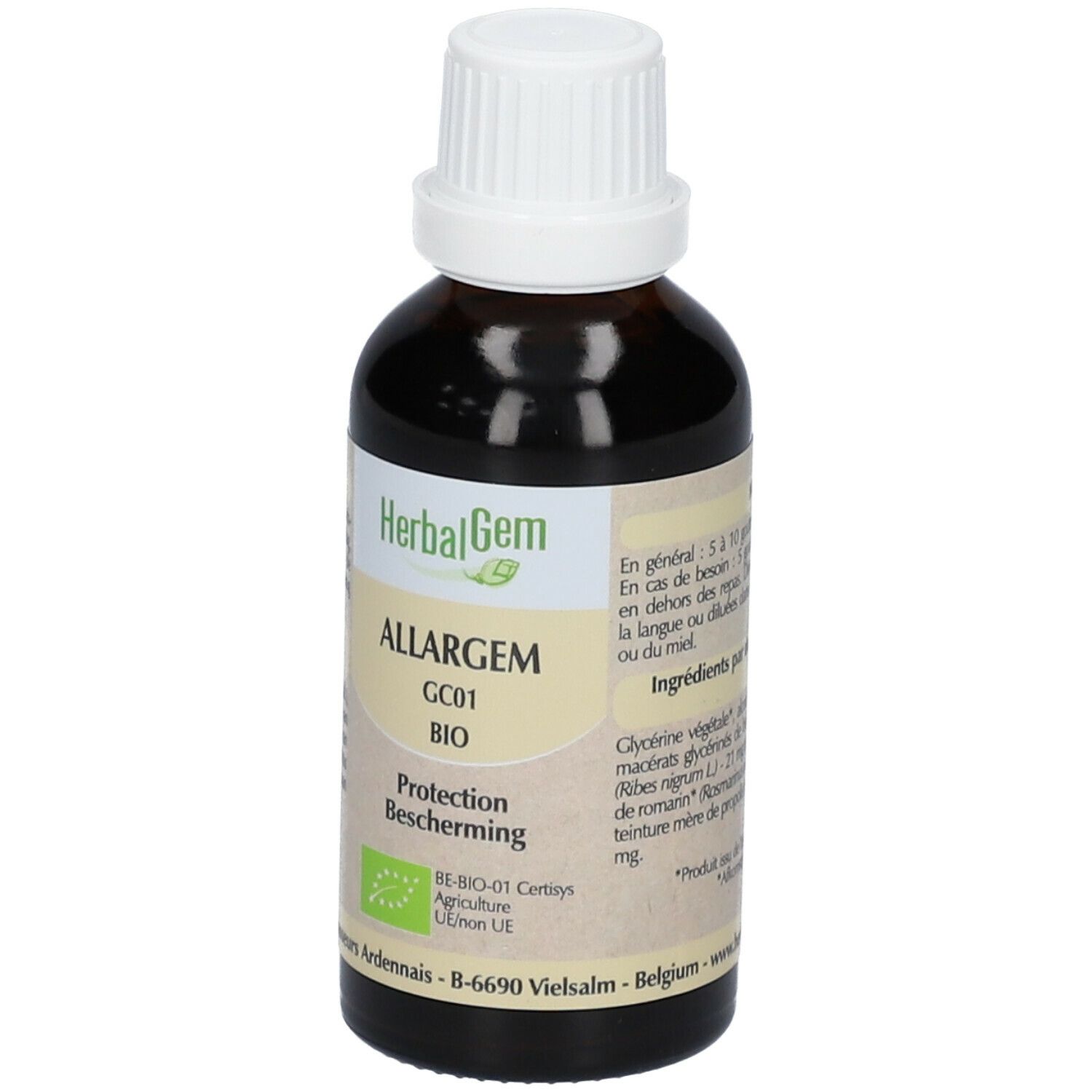 Flacon brun avec bouchon blanc. Étiquette "HerbalGem Allargem BIO".