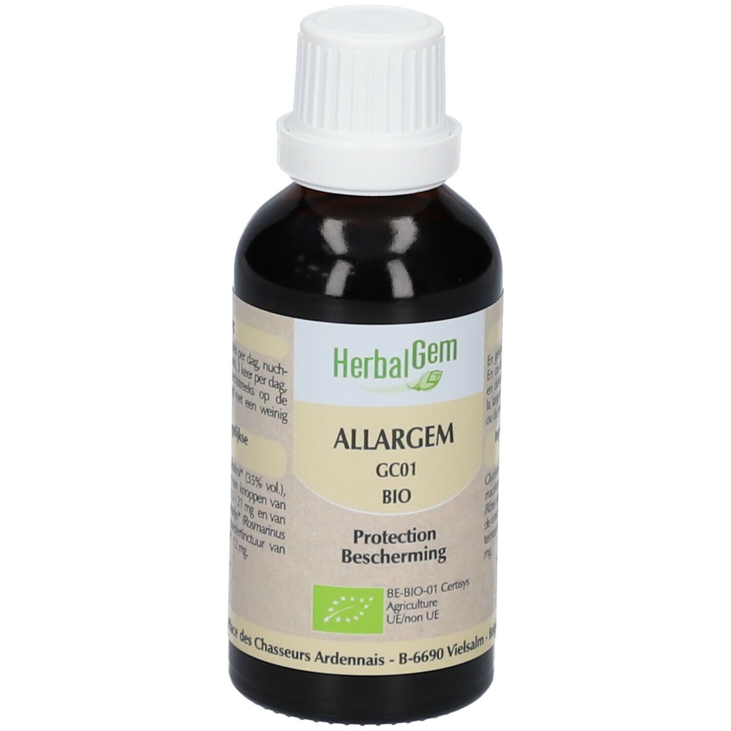 Flacon brun avec bouchon blanc. Étiquette "HerbalGem Allargem BIO".