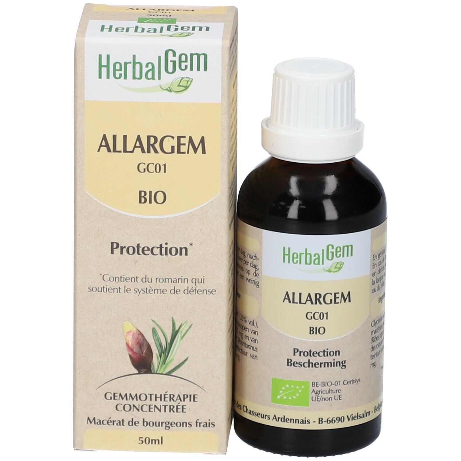 Flacon et emballage du produit. Emballage avec "HerbalGem Allargem BIO".