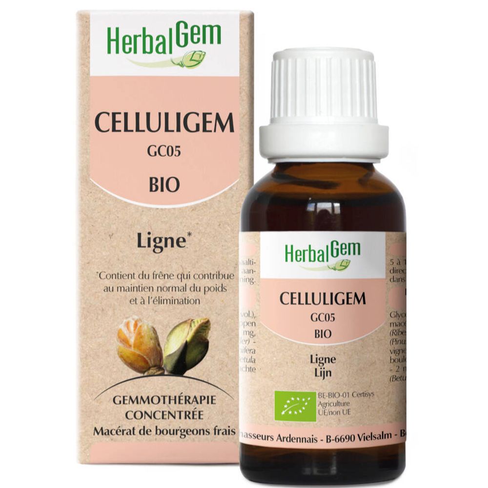 Flacon en verre brun avec bouchon blanc et étiquette. L'étiquette indique HerbalGem Celluligem GC05 BIO.